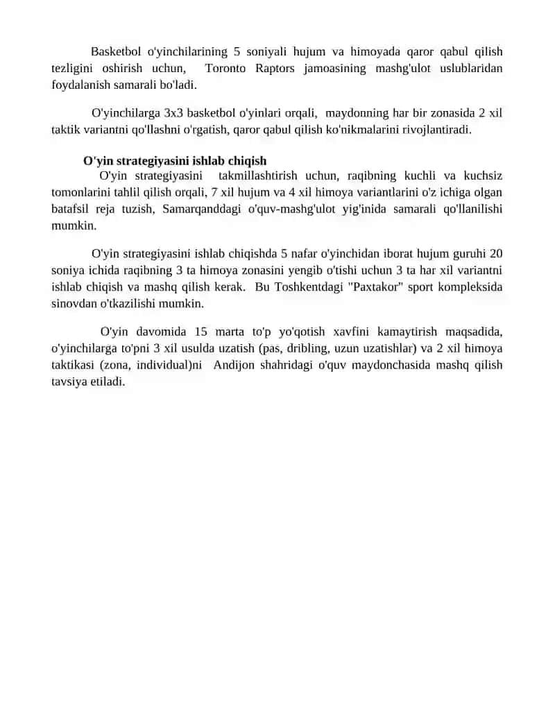 Basketbol oʻyinida shugʻullanuvchilarning oyini texnikasini oʻrgatishni takomillashtirish 4
