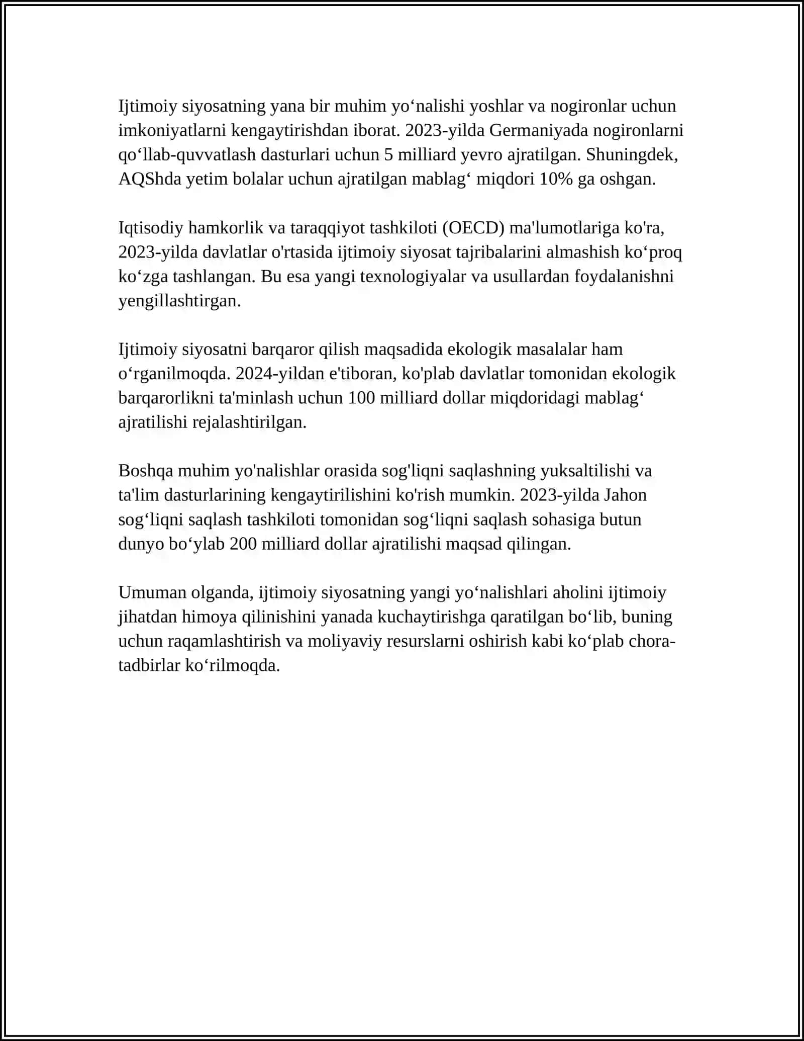 O'ZBEKISTONDA IJTIMOIY SOHADA AMALGA OSHIRILAYOTGAN O'ZGARISHLAR MAZMUNI VA MOHIYATI 4