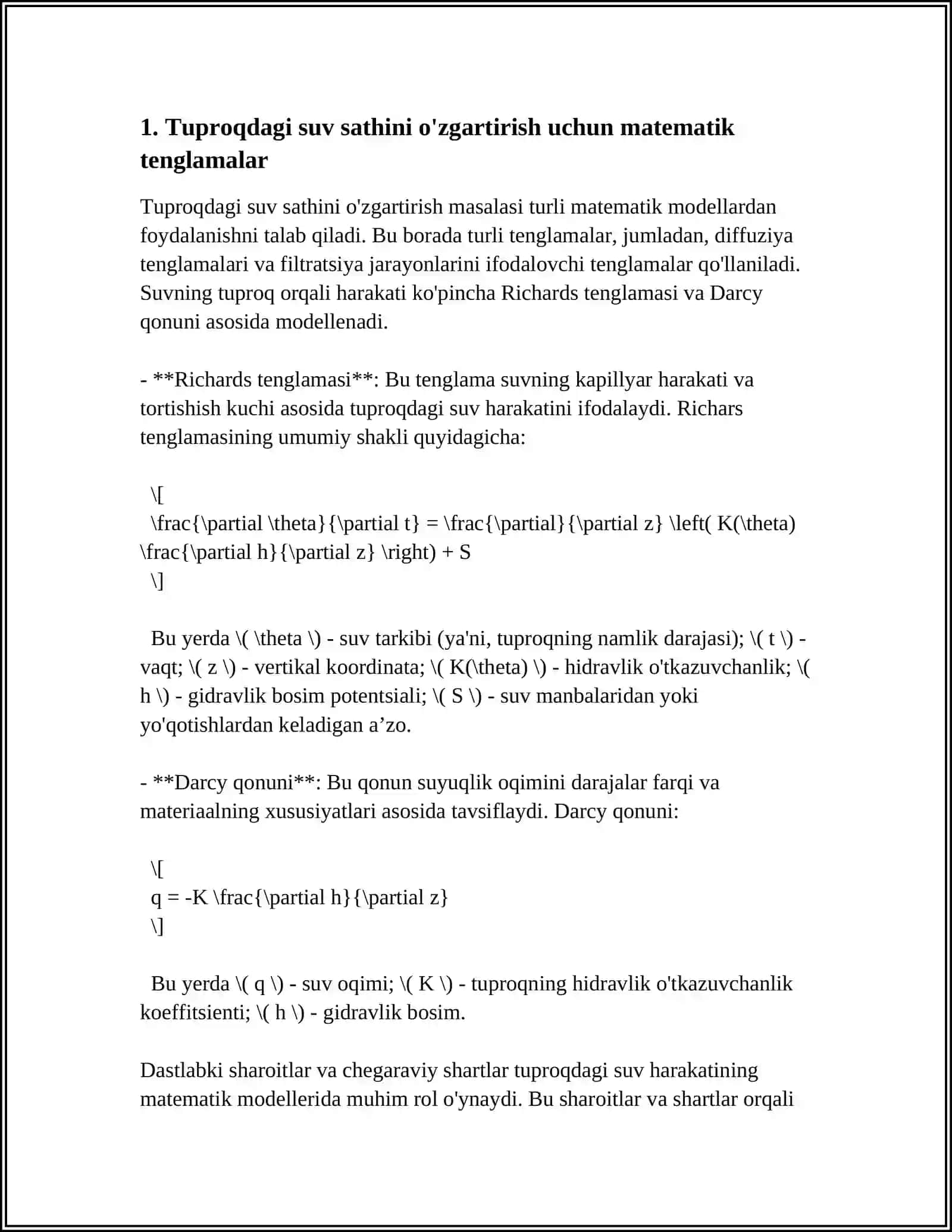 TUPROQDAGI SUV SATHINI OʻZGARTIRISHINI MATEMATIK MODELLASHTIRISH 4