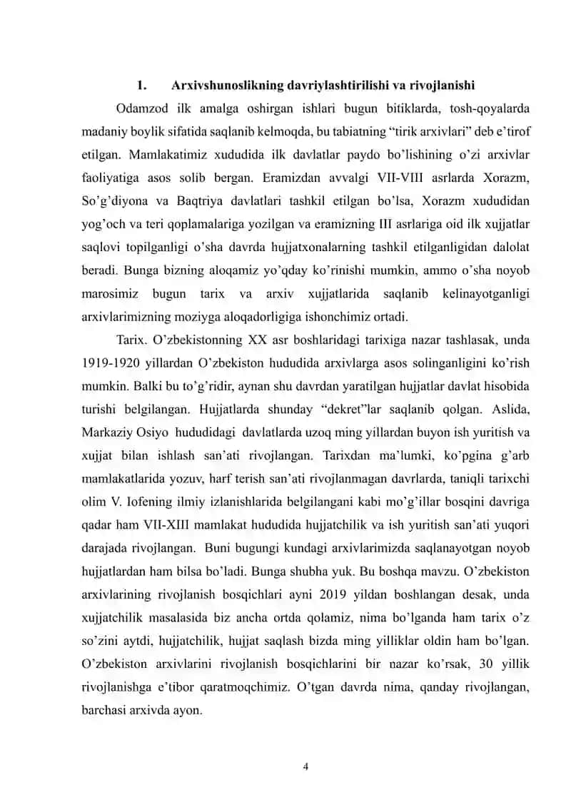 ARXIVSHUNOSLIKNING DAVRIYLASHTIRILISHI VA RIVOJLANISHI. BUGUNGI KUNDA ARXIVSHUNOSLIK KASBINING ROLI VA AHAMIYATI 4