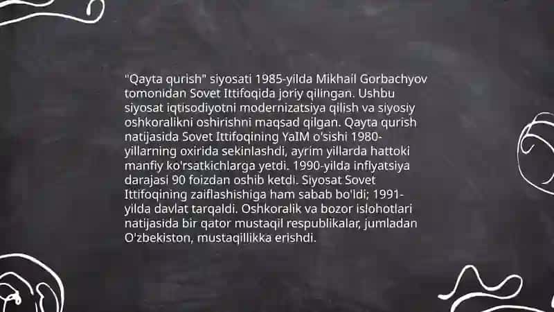 1985-1991 yillarda Oʻzbekistondagi ijtimoiy-iqtisodiy va siyosiy jarayonlarning xususiyatlari 4