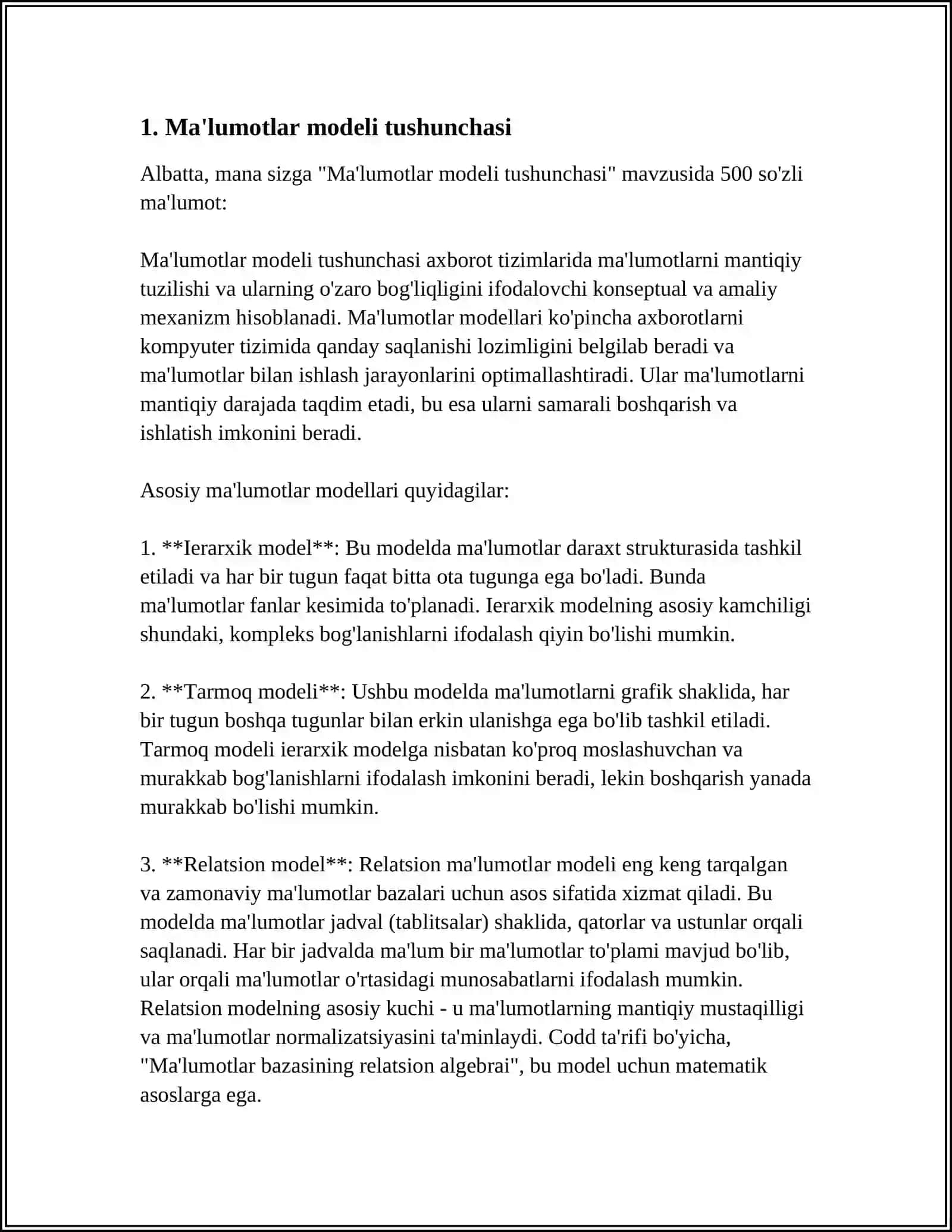 TURLI RELATSION MODELLARNING TUZILISHINI VA ISHLATILISHINI TAHLIL QILISH 4