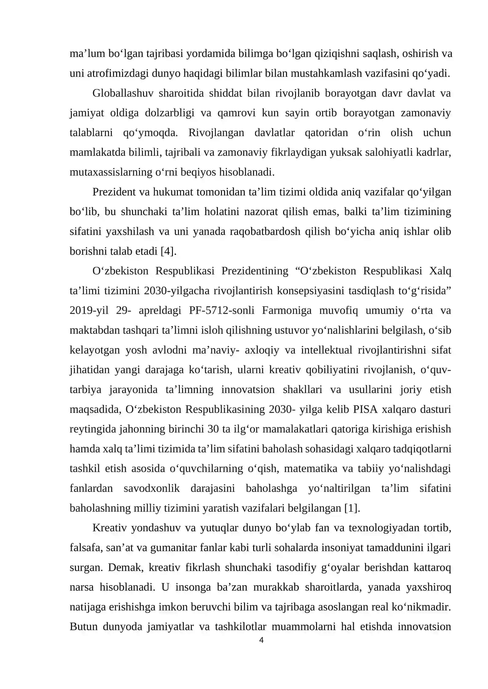 "О‘QUVCHILARNI KREATIVLIGINI RIVОJLANTIRISHDA РISA TESTLARINING О‘RNI" BITIRUV MALAKAVIY ISHI 4