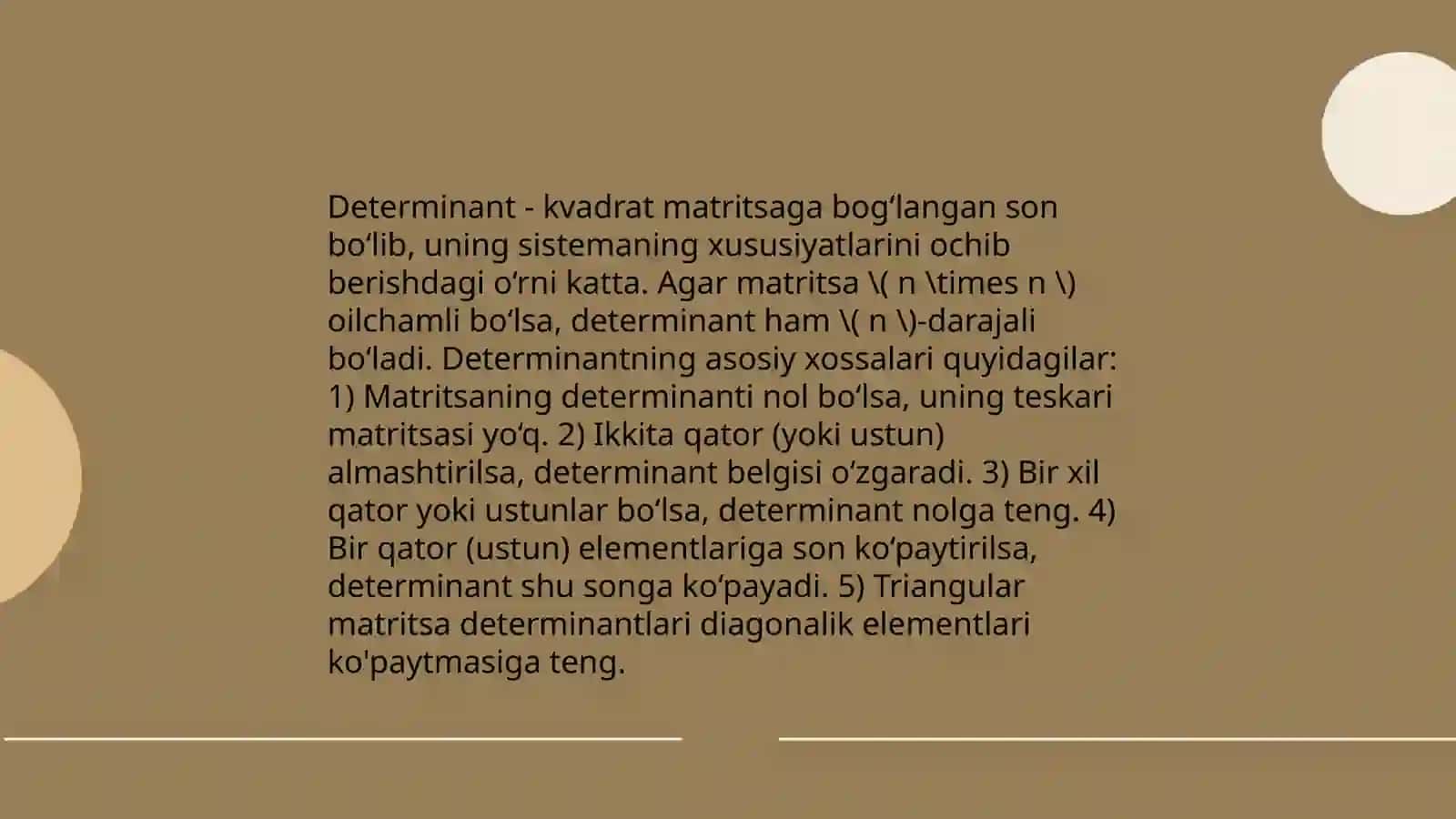 Chiziqli algebraik tenglamalar sistemasini yechishning Kramer qoidasi va teskari matritsa usuli 4