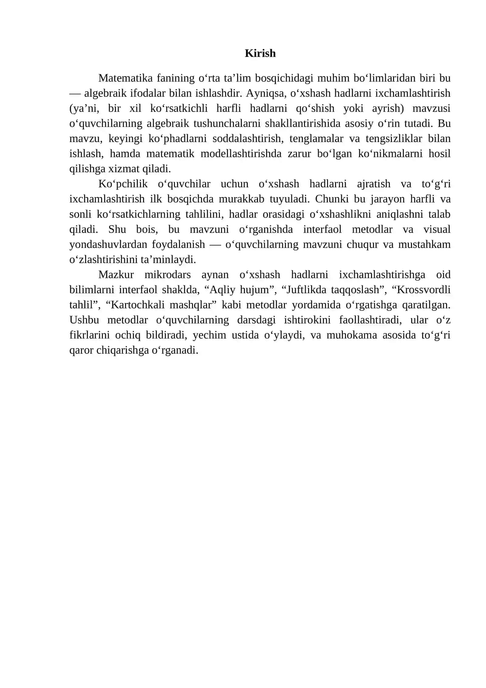Matematika darslarida o‘xshash hadlarni ixchamlashtirish usullari 4
