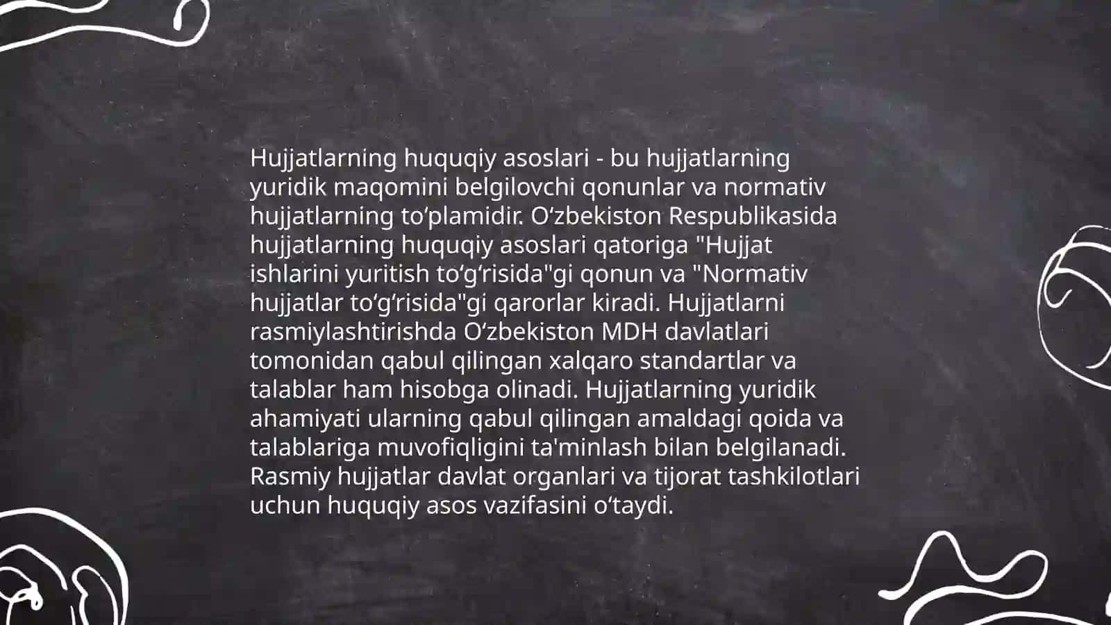 Ôzbekistan Respublikasida hujjatchilikning takomillashuvi. Ish hujjatlari va ularga quyiladigan asosiy talablar 4