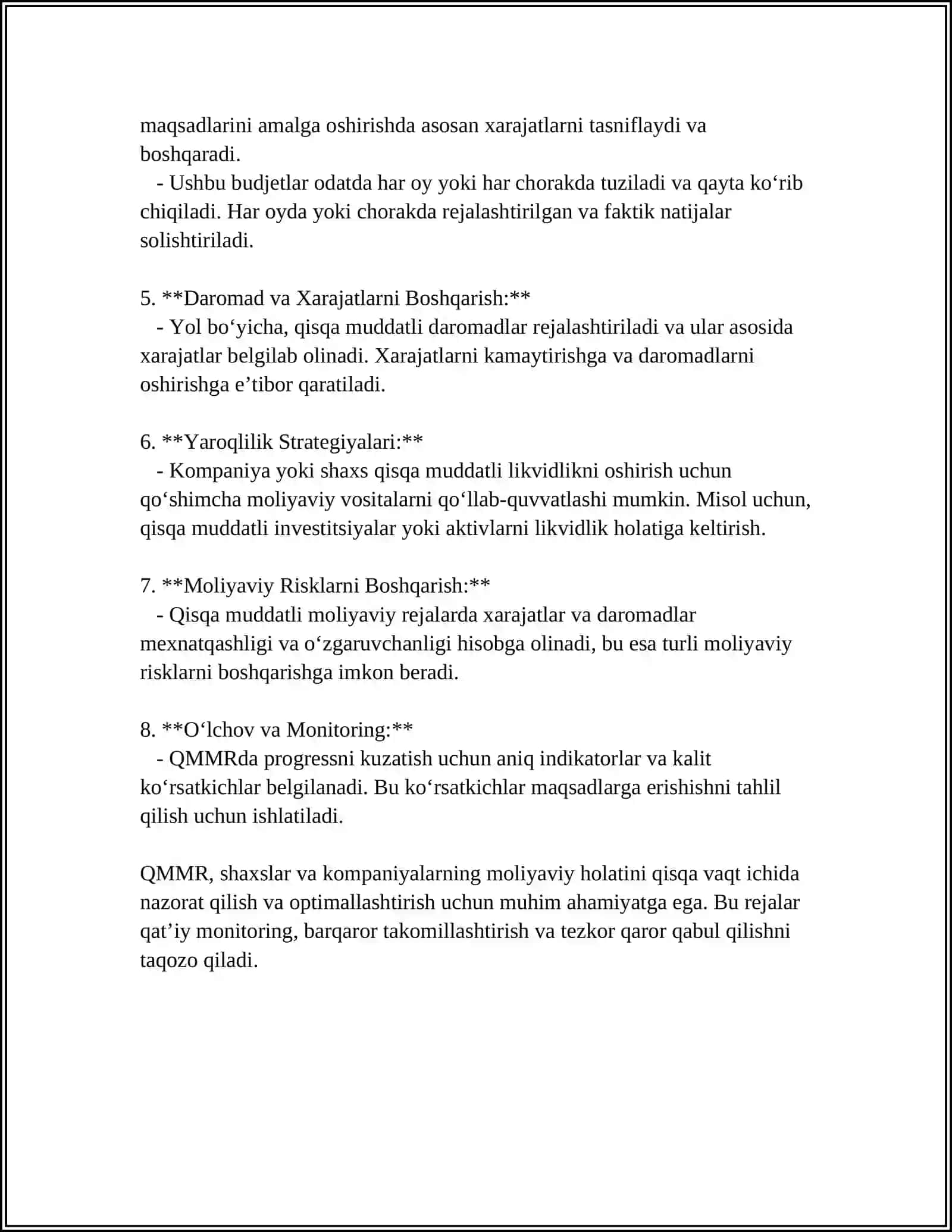 Qisqa Muddatli Moliyaviy Rejalar 4