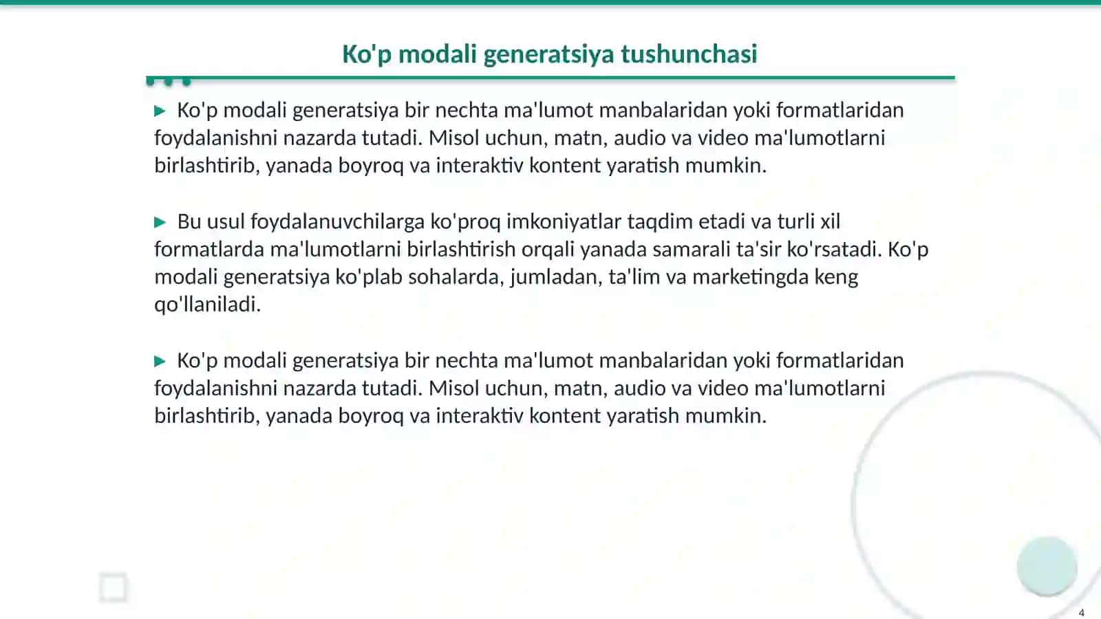 Bir modali va ko'p modali generatsiya shartlari 4