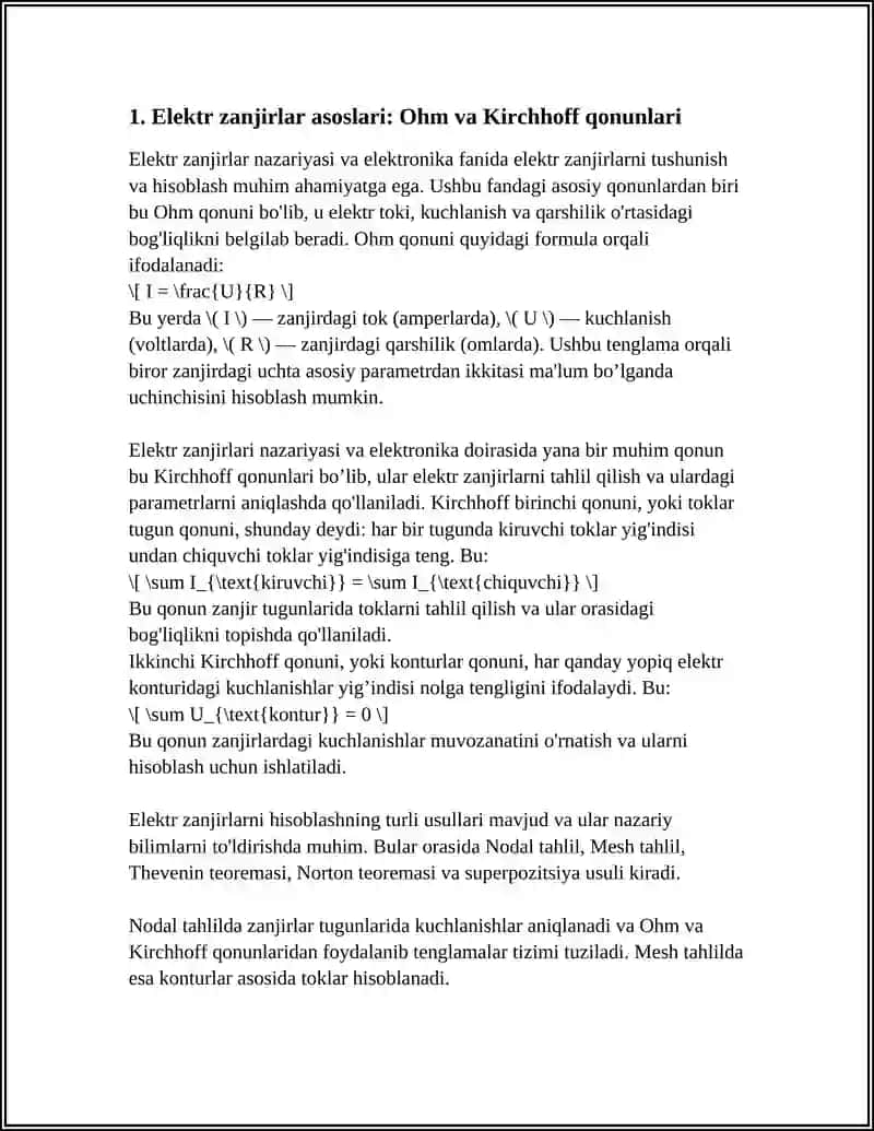 Elektr Zanjirlar Nazariyasi va Elektronika Fani Bo’yicha Internet Manbalari va Adaiyotlardan Foydalanib Elektr Zanjirlarni Hisoblashni Barcha Usullarini O’rganish 4