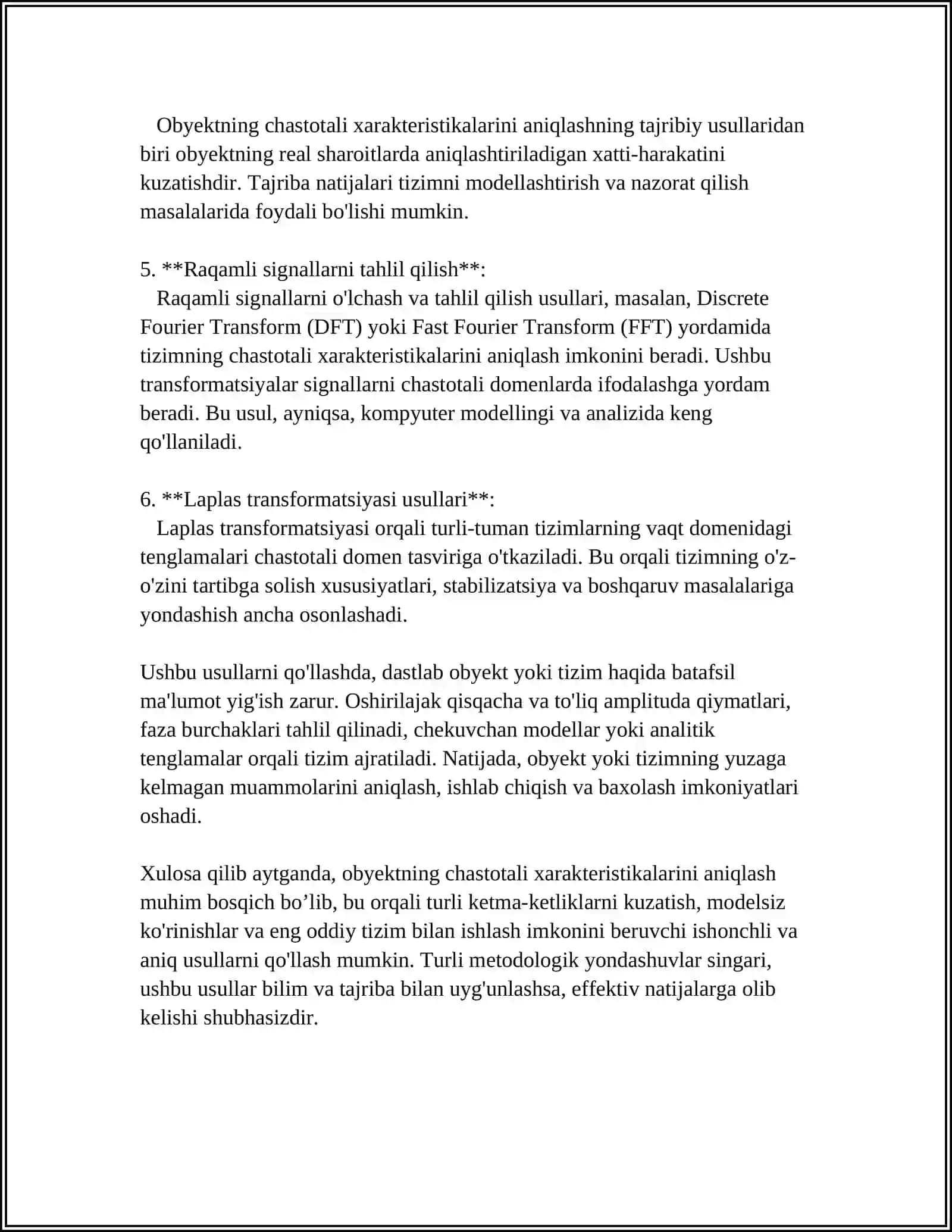 OBYEKTNING CHASTOTALI XARAKTERISTIKALARI BO‘YICHA UZATISH FUNKSIYASINI ANIQLASH 4