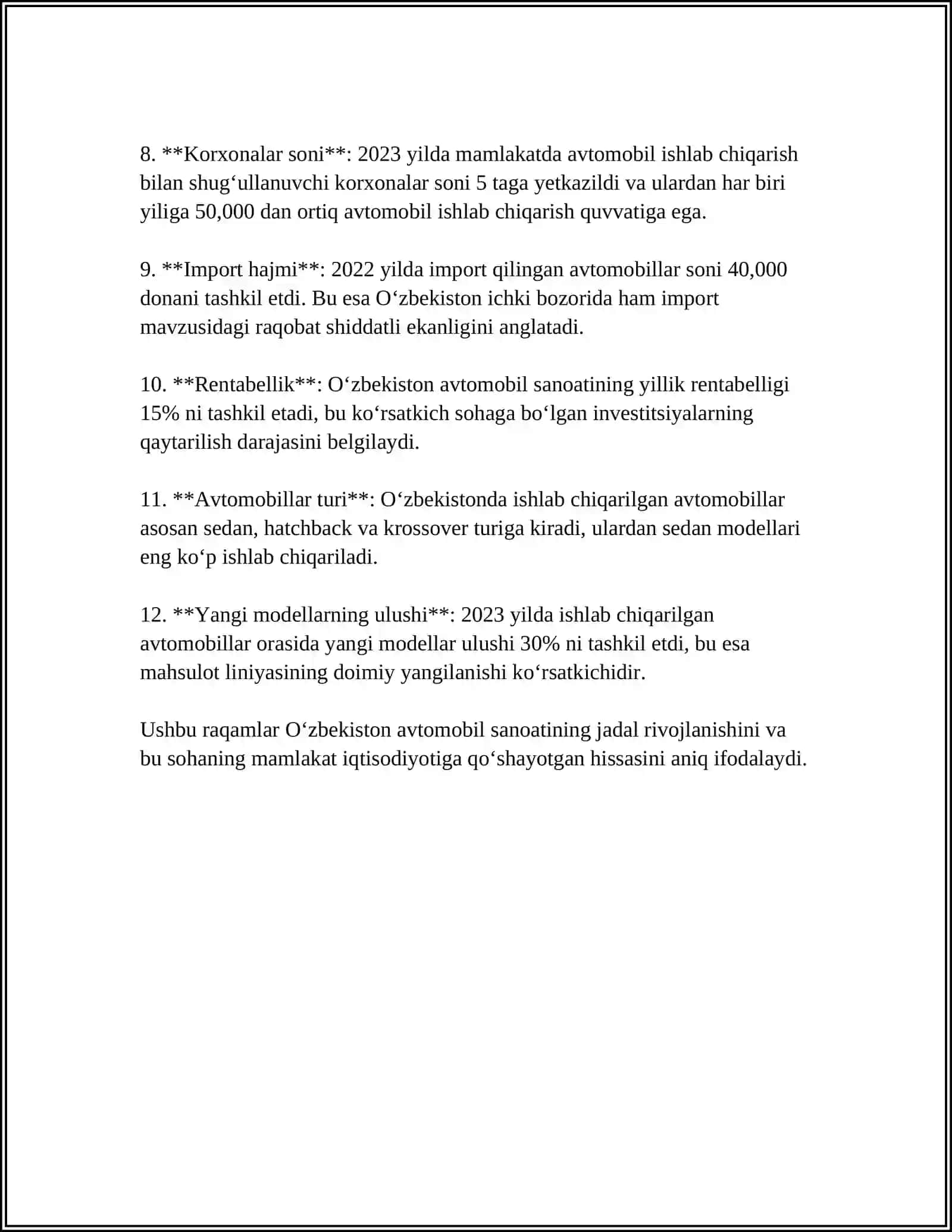 O‘zbekiston Respublikasida Avtomobillashtirish va Yo‘l Tarmoqlarining O‘sish Ko‘rsatkichlari 4