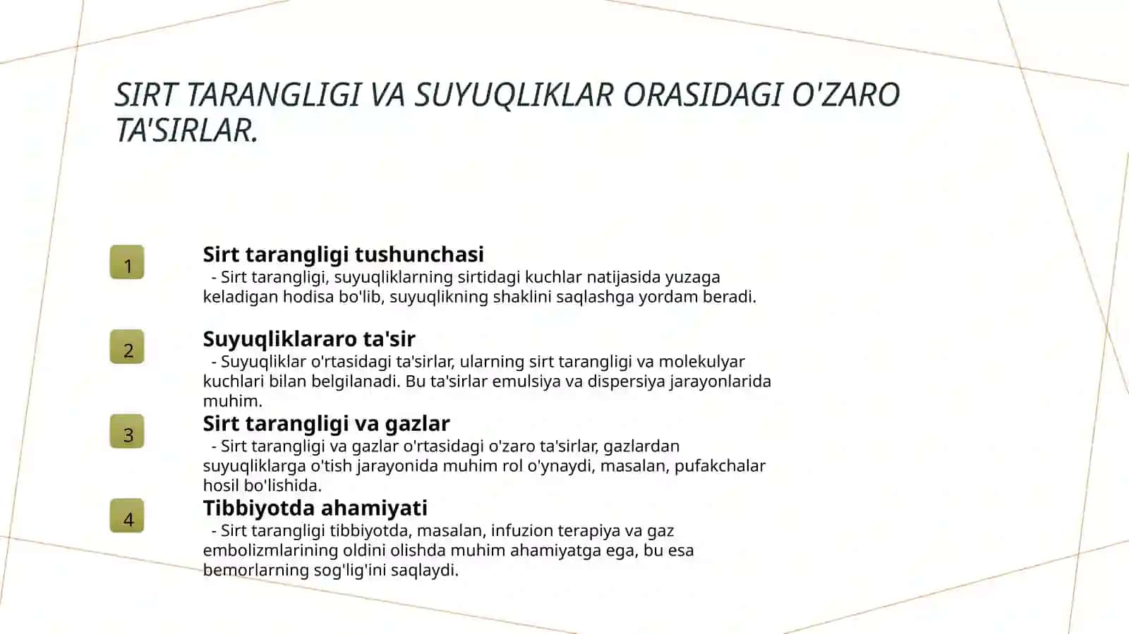 Suyuqliklarning sirt tarangligi.Havo va gaz emboliyasi 4