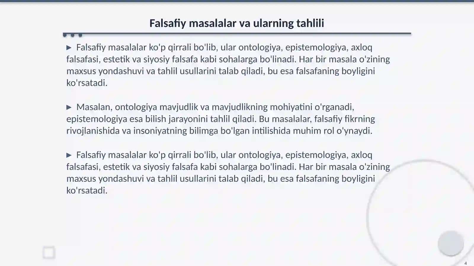 Falsafaning predmeti, asosiy masalalari, tuzulmasi, funksiyalari 4