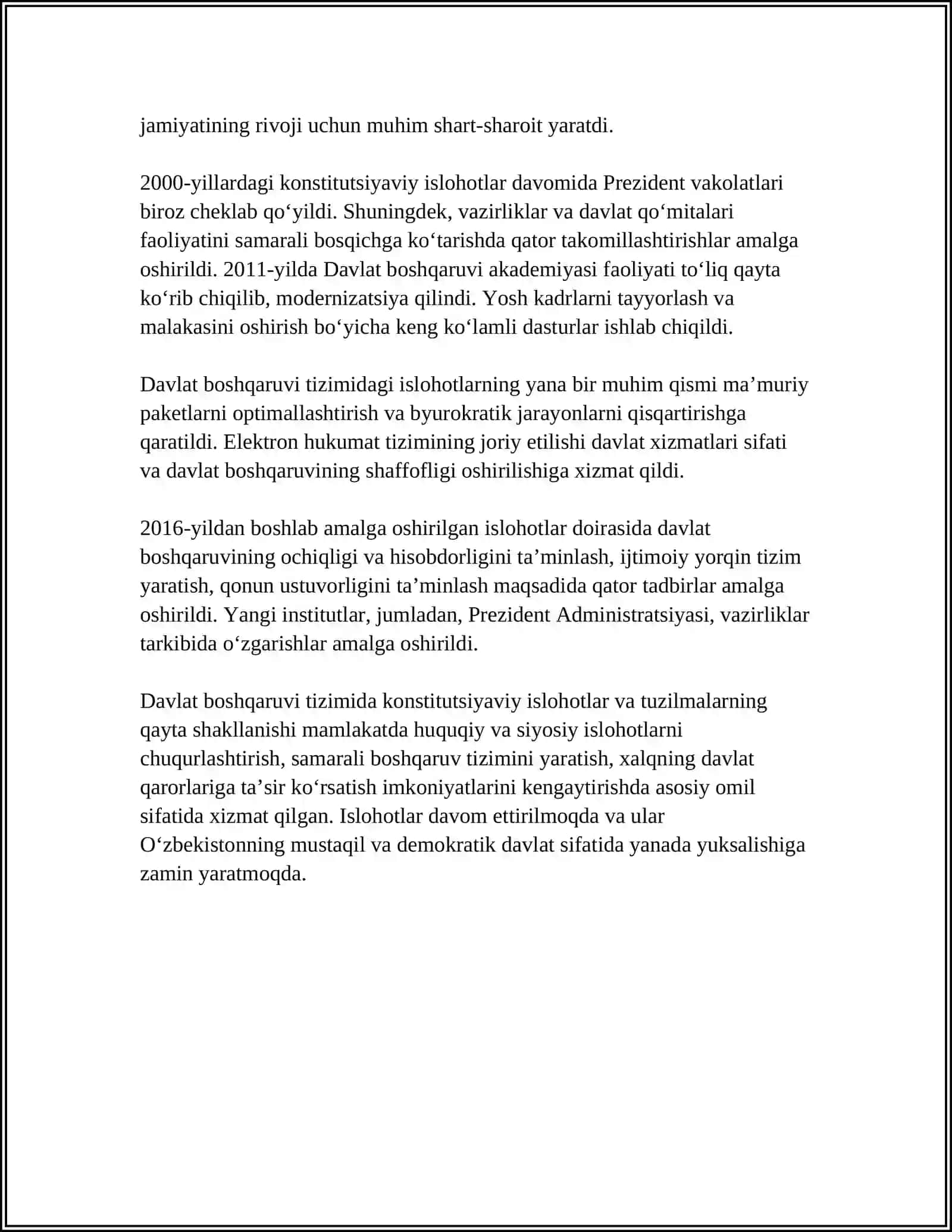 MUSTAQILLIK YILLARIDA DAVLAT BOSHQARUVI TIZIMDA AMALGA OSHIRILGAN ISLOHOTLAR 4