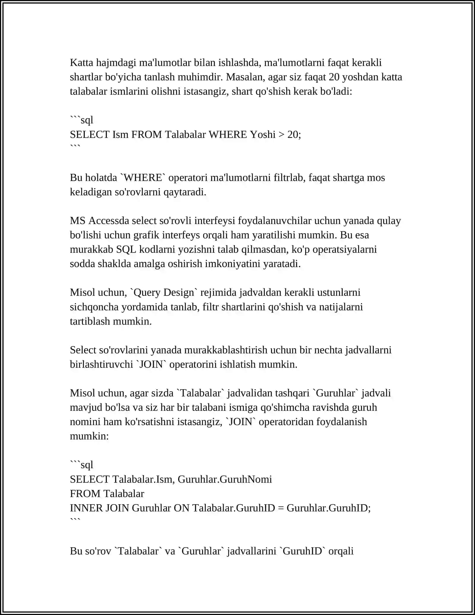 MS ACCESS MUHITIDA TURLI SO'ROVLAR YARATISH VA SQL SO'ROVLAR TILI 4