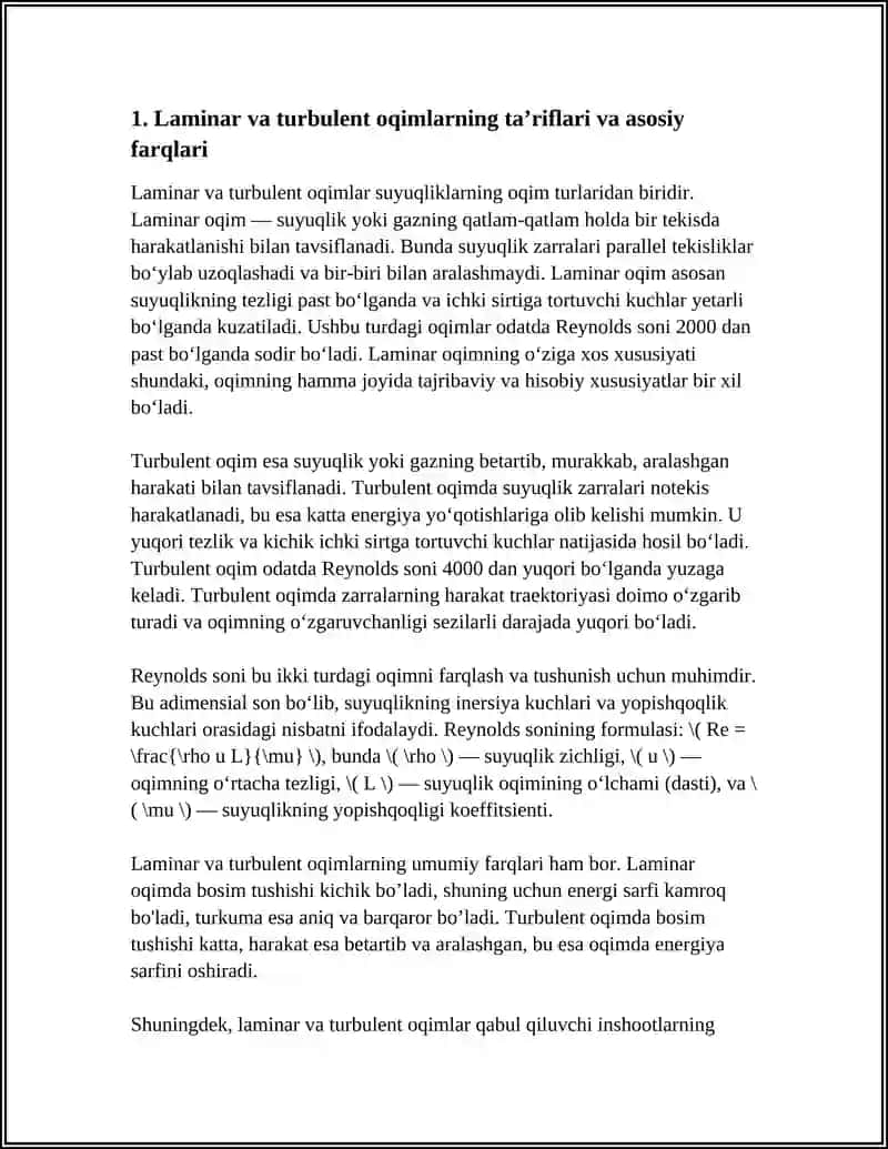 LAMINAR VA TURBULENT OQIMLARI. REYNOLDS SONI. SUYUQLIKLARNING SIRTI TARANGLIGI. HAVO VA GAZ EMBOLIYASI 4