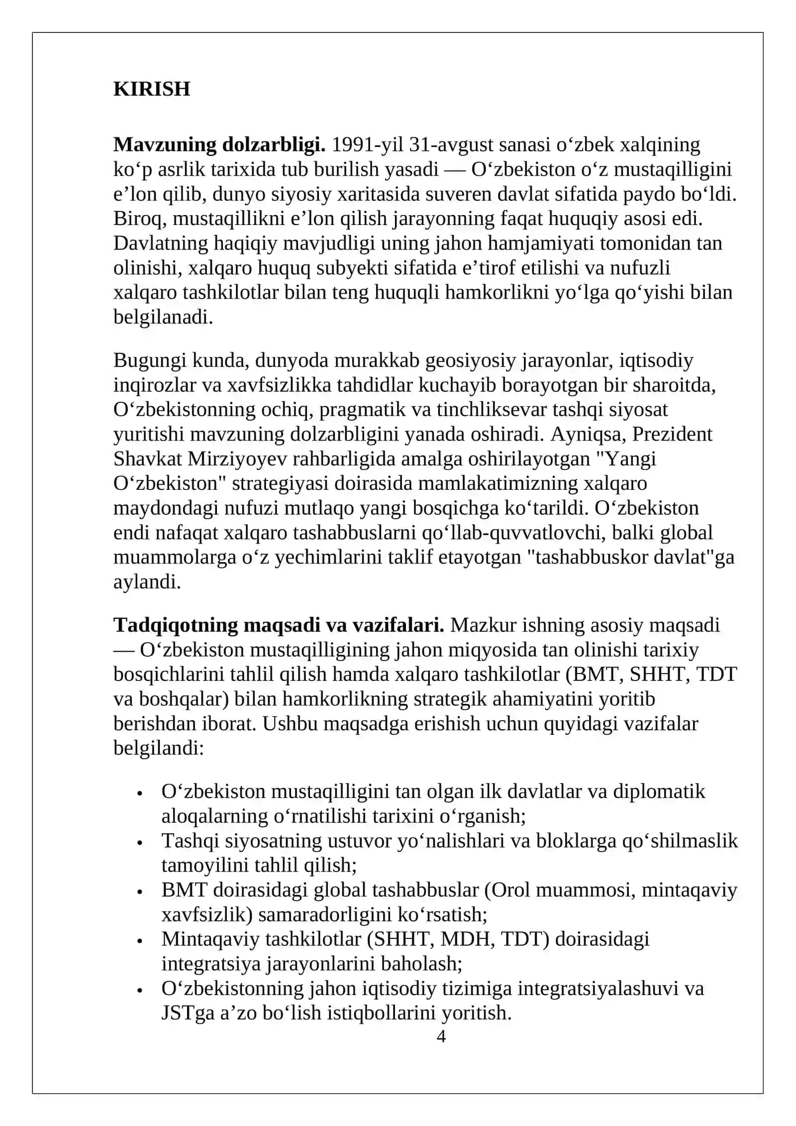 O’zbekistonning jahon hamjamiyati tomonidan tan olinishi va xalqaro tashkilotlar bilan hamkorlikni yolga qoyilishi 4