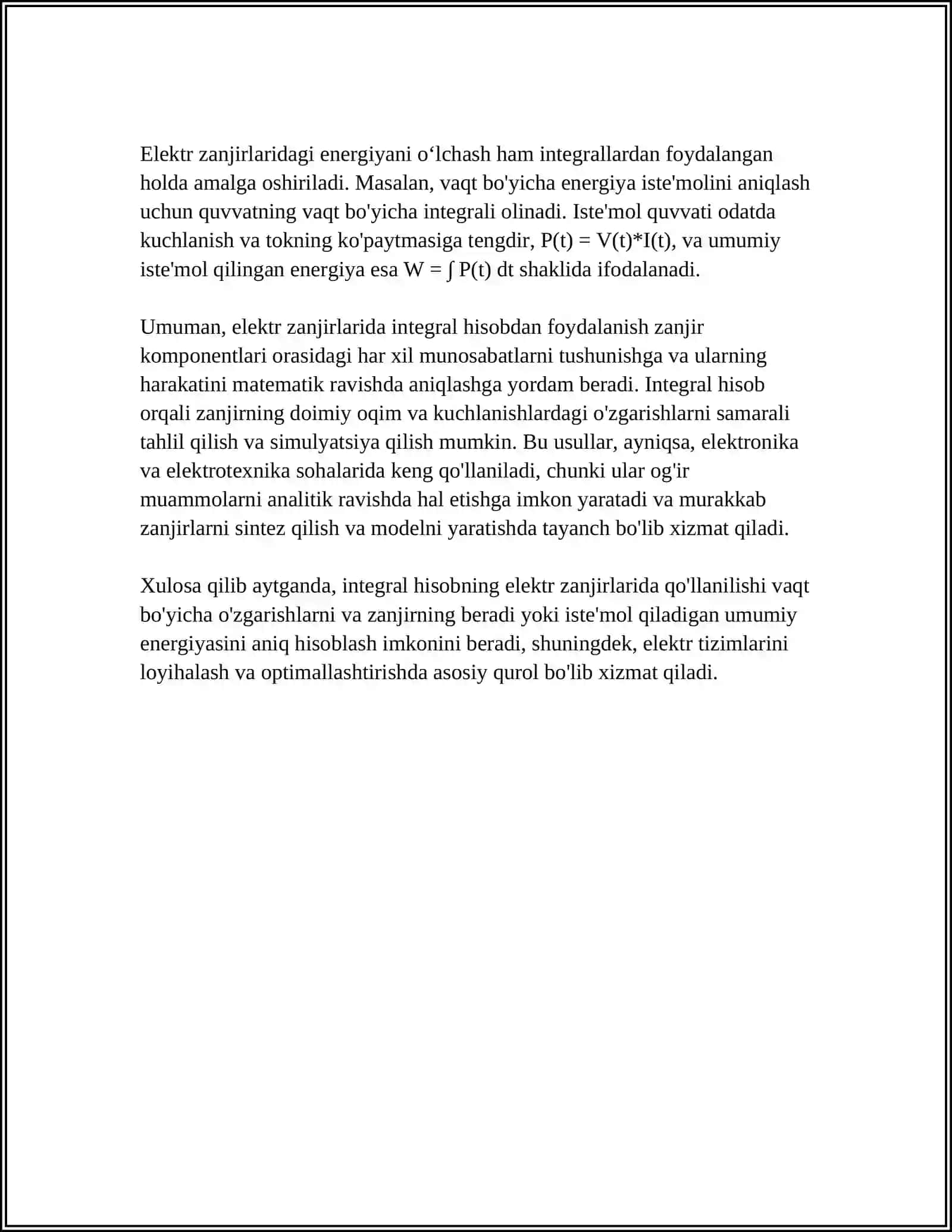 ELEKTR ZANJIRLAR TAHLILIDA INTERGAL HISOB TATBIQLARI 4