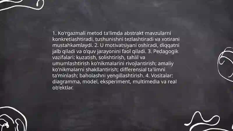 Ko'rgazmali qabul qilish metodi (uning ahamiyati, turlari va ularning qo'llash metodikasi) 4