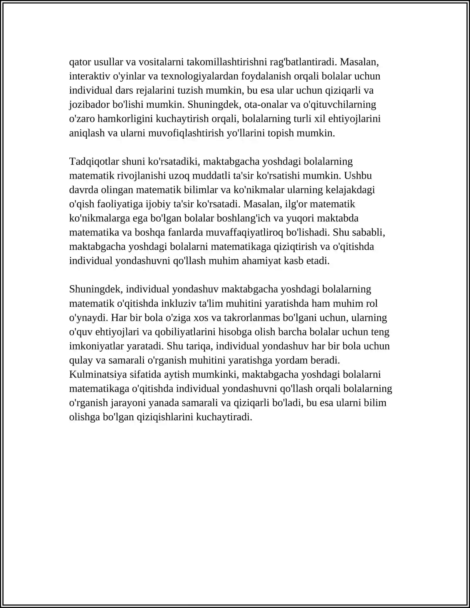 MAKTABGACHA YOSHDAGI BOLALARDA MATEMATIK TASAVVURLARNI SHAKLLANTIRISHDA INDIVIDUAL YONDASHISH PRINSIPINING ROLI 4