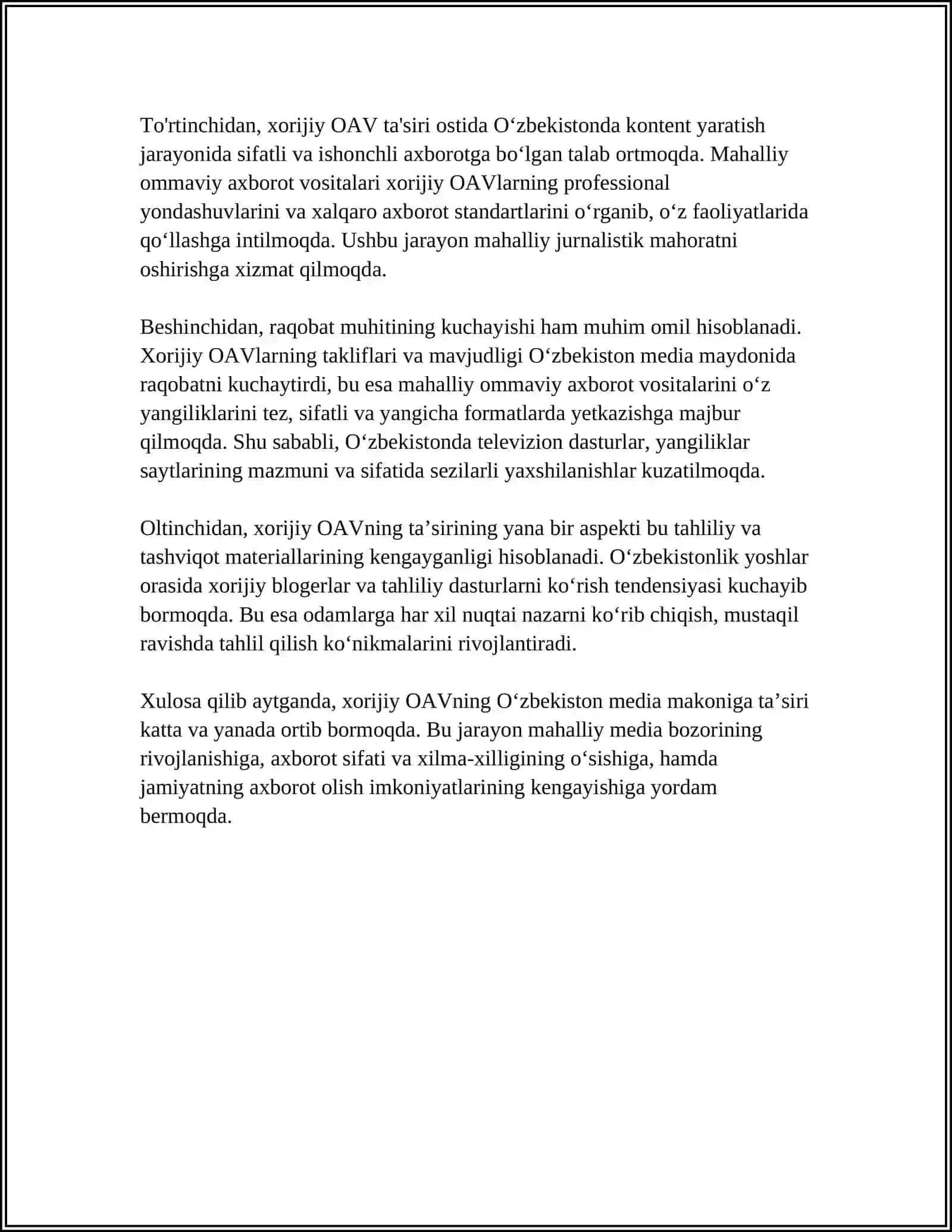 XORIJIY OMMAVIY AXBOROT VOSITALARINING ÒZBEKISTON MEDIA MAKONIGA ÒRNI 4