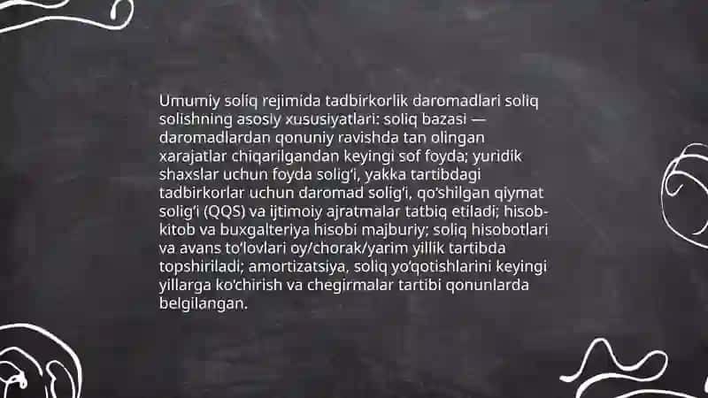 Tadbirkorlik faoliyati daromadlarini soliqqa tortishning o’ziga xos hususiyatlari soliq rejimlari 4