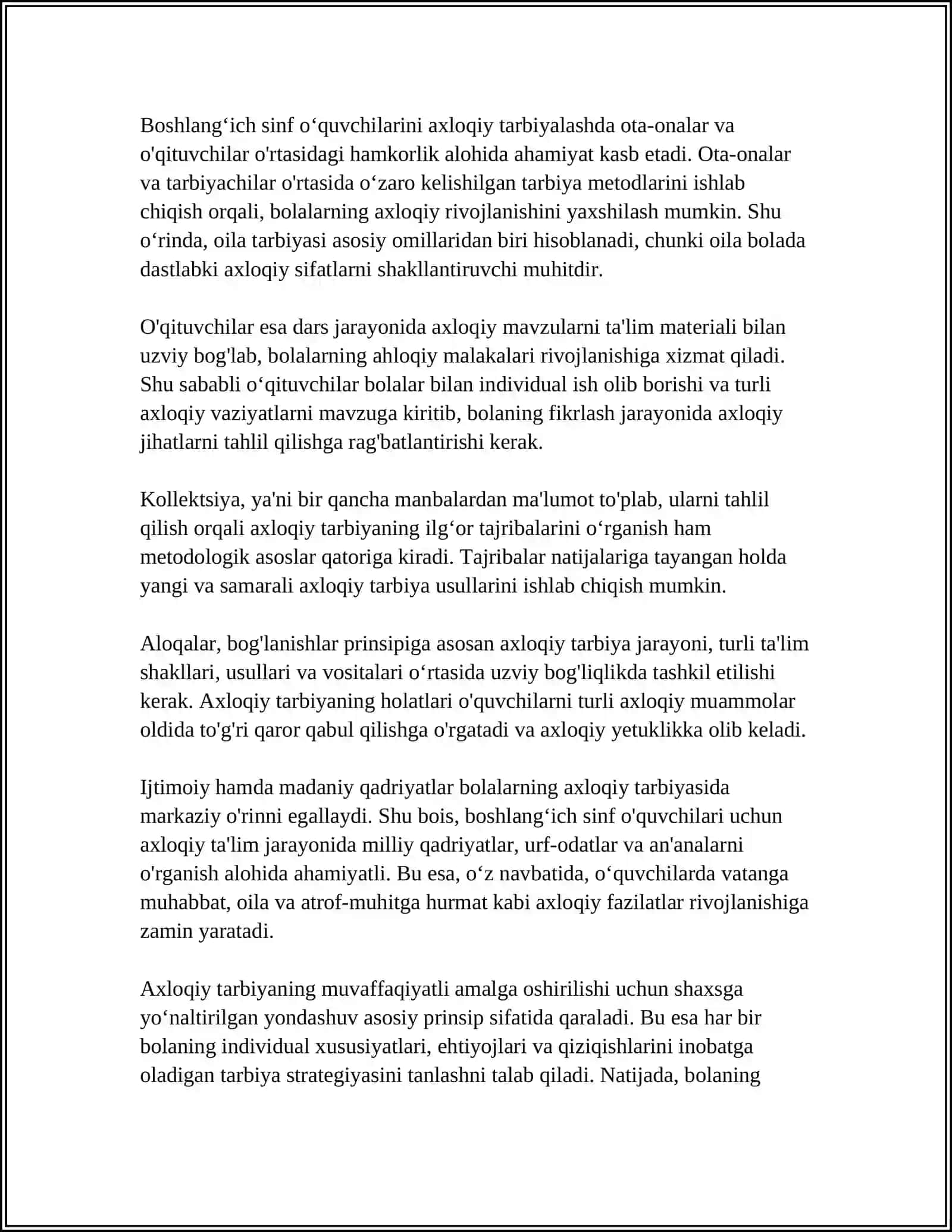 BOSHLANGʻICH SINF OʻQUVCHILARINI AXLOQIY TARBIYALASH METODIKASI 4