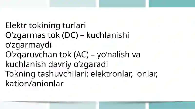 Elektr tokining turli muhitdagi tabiati. Dielektritlar. Elektrolitlar. Elektr oʻtkazuvchanlik 4
