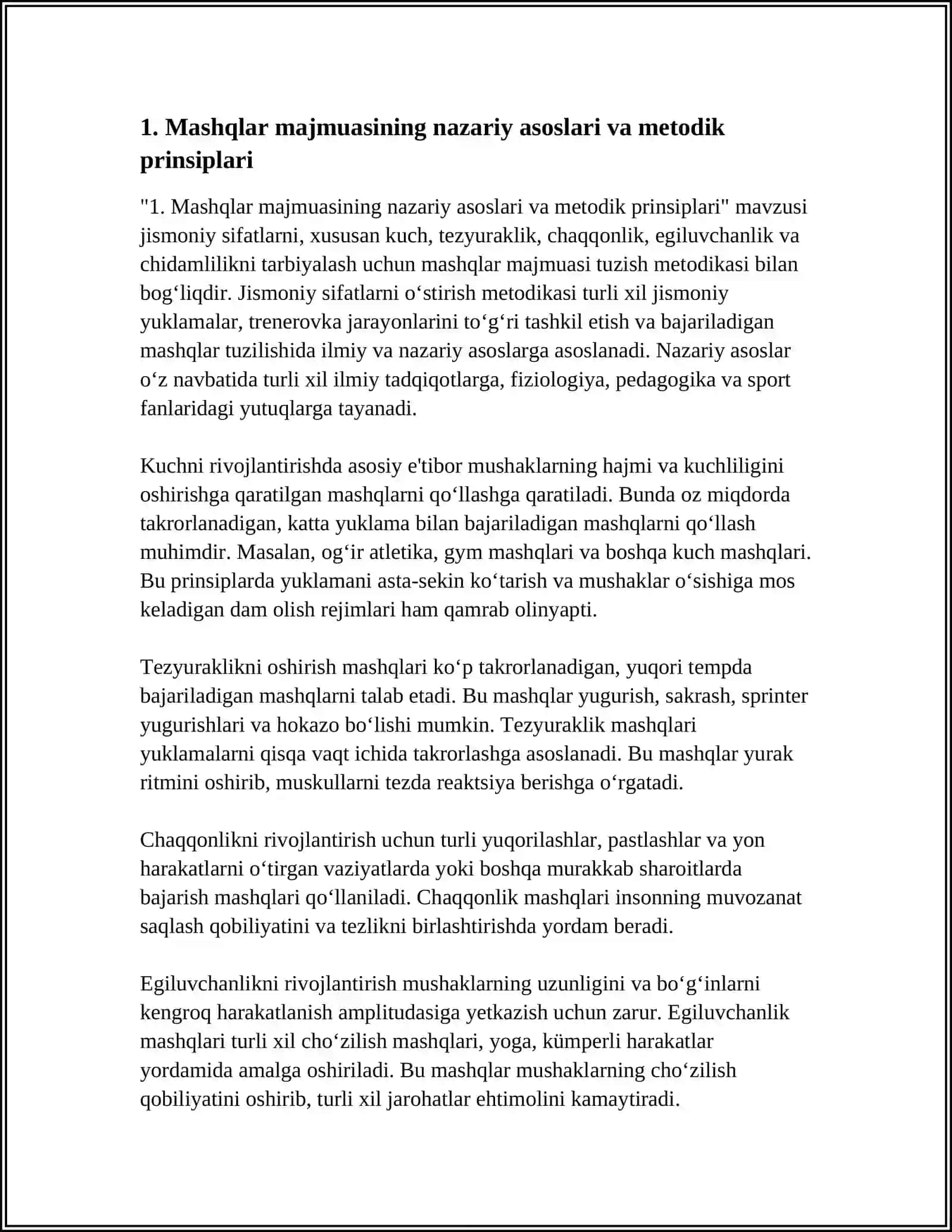 JISMONIY SIFATLARNI (KUCH TEZKORLIK CHAQQONLIK EGILUVCHANLIK CHIDAMLILIK) TARBIYALASH UCHUN MASHQLAR MAJMUASI TUZISH METODIKASI 4
