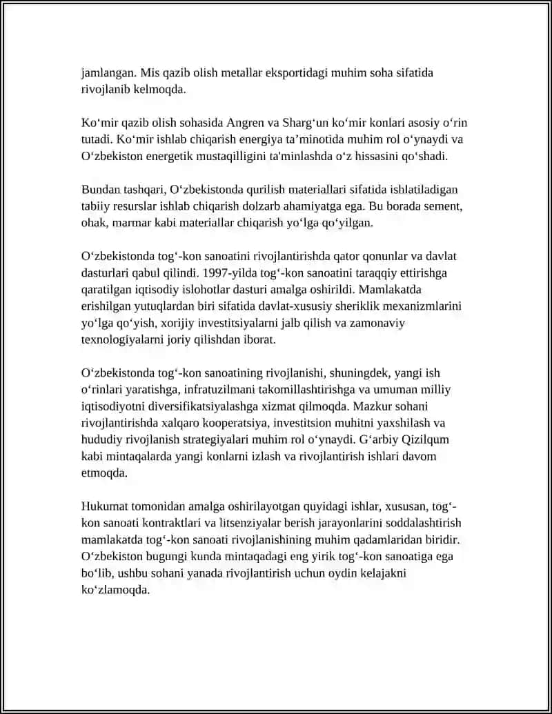 OʻZBEKOSTON RESPUBLIKASINING MUSTAQILLIKDAN KEYINGI DAVRDA TOGʻ-KON SANOATINING RIVOJLANISHI 4