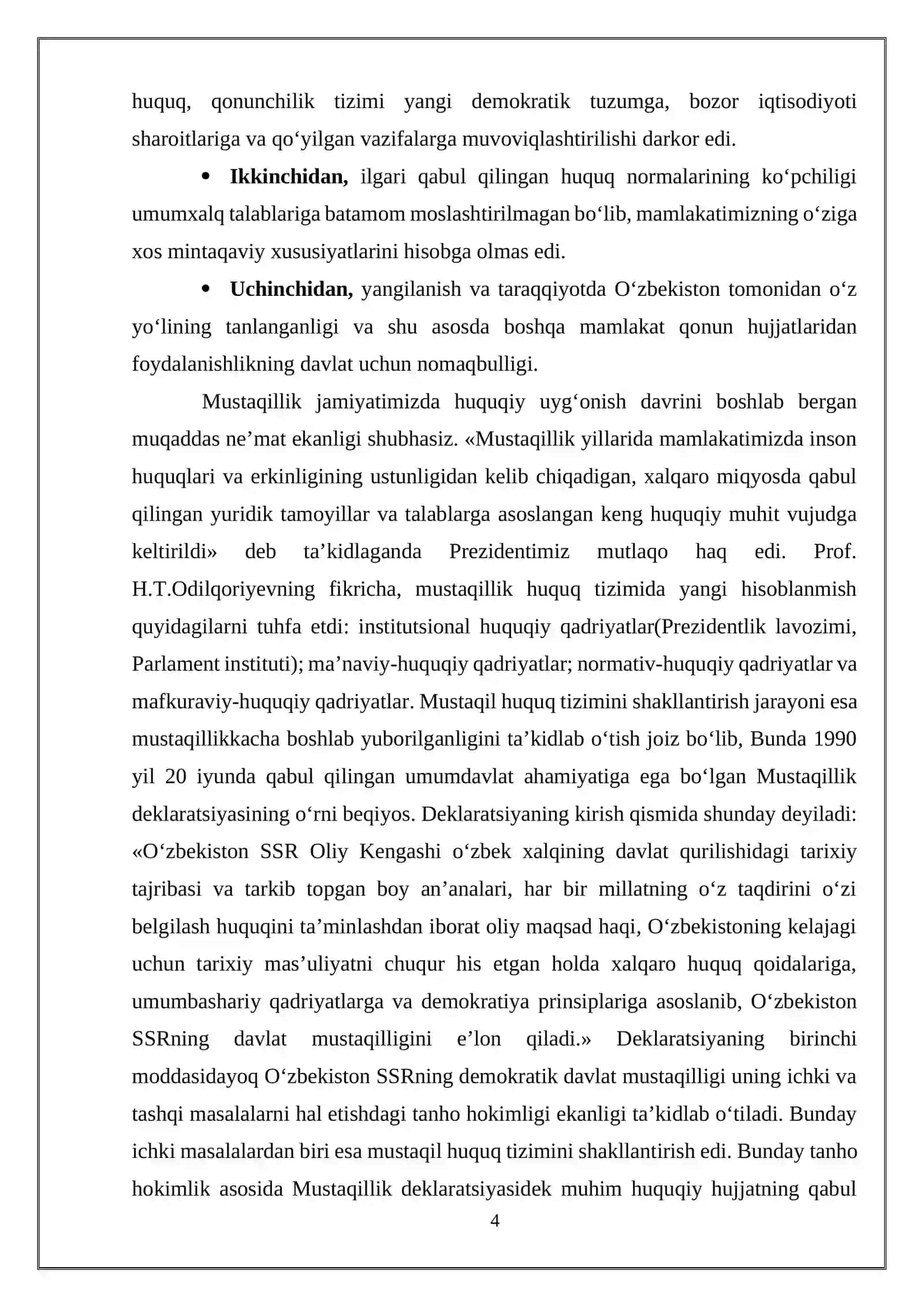 “O‘ZBEKISTON RESPUBLIKASINING MUSTAQIL HUQUQ TIZIMI” MAVZUSIDAGI KURS ISHI 4