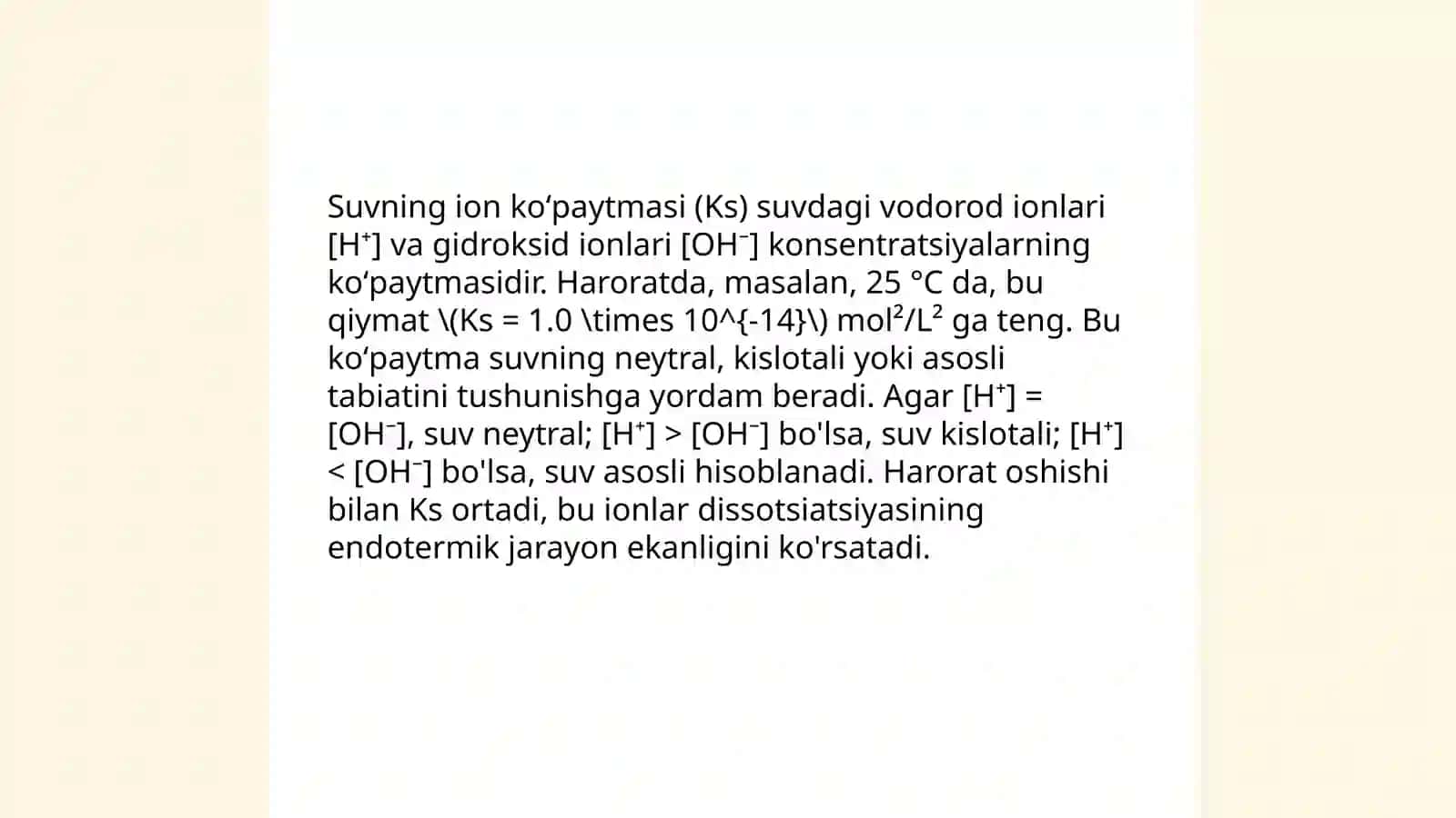Suvning ion koʻpaytmasi.Muxitning vodorod koʻrsatkichi.Tuzlarning gidrolizi 4