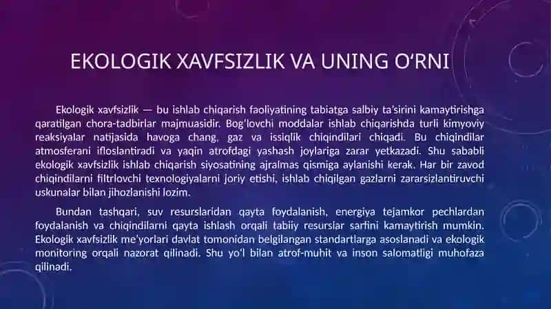 Bog‘lovchi moddalar ishlab chiqarishda ishlab chiqarish sanitariyasi, texnika xavfsizligi va ekologik xavfsizlik 4