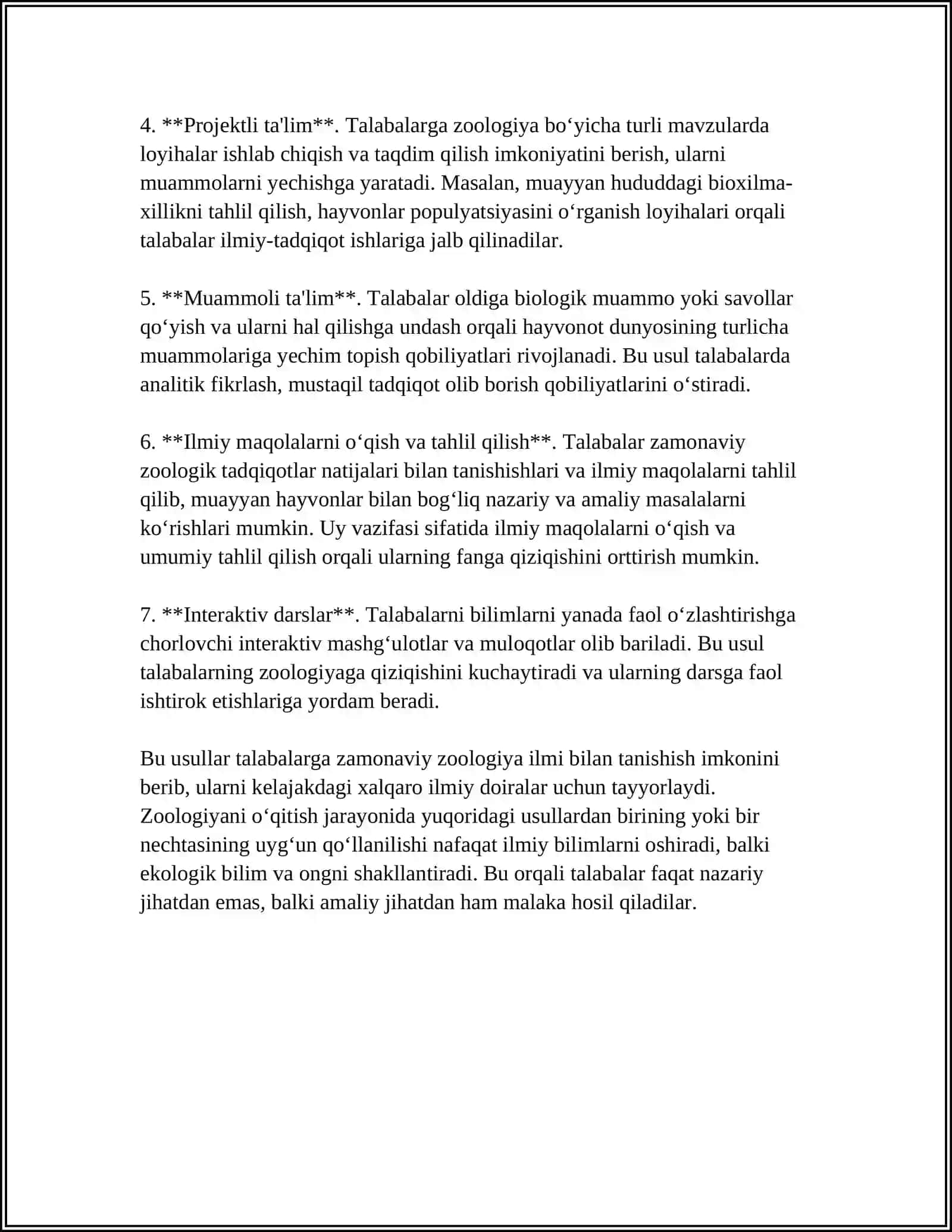 ZOOLOGIYA O'QITISH METODIKASI XUSUSIY MASALALARI 4