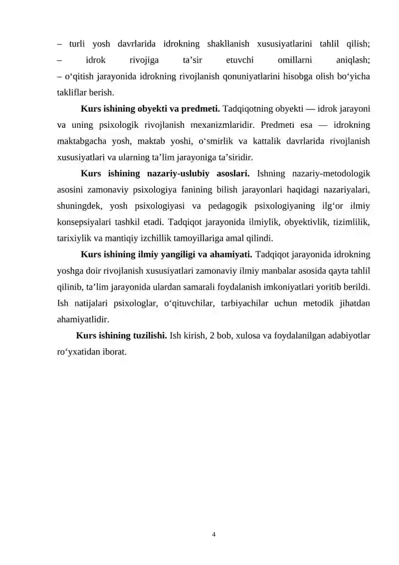 IDROK JARAYONINING YOSHGA DOIR XUSUSIYATLARI MAVZUSIDA KURS ISHI 4