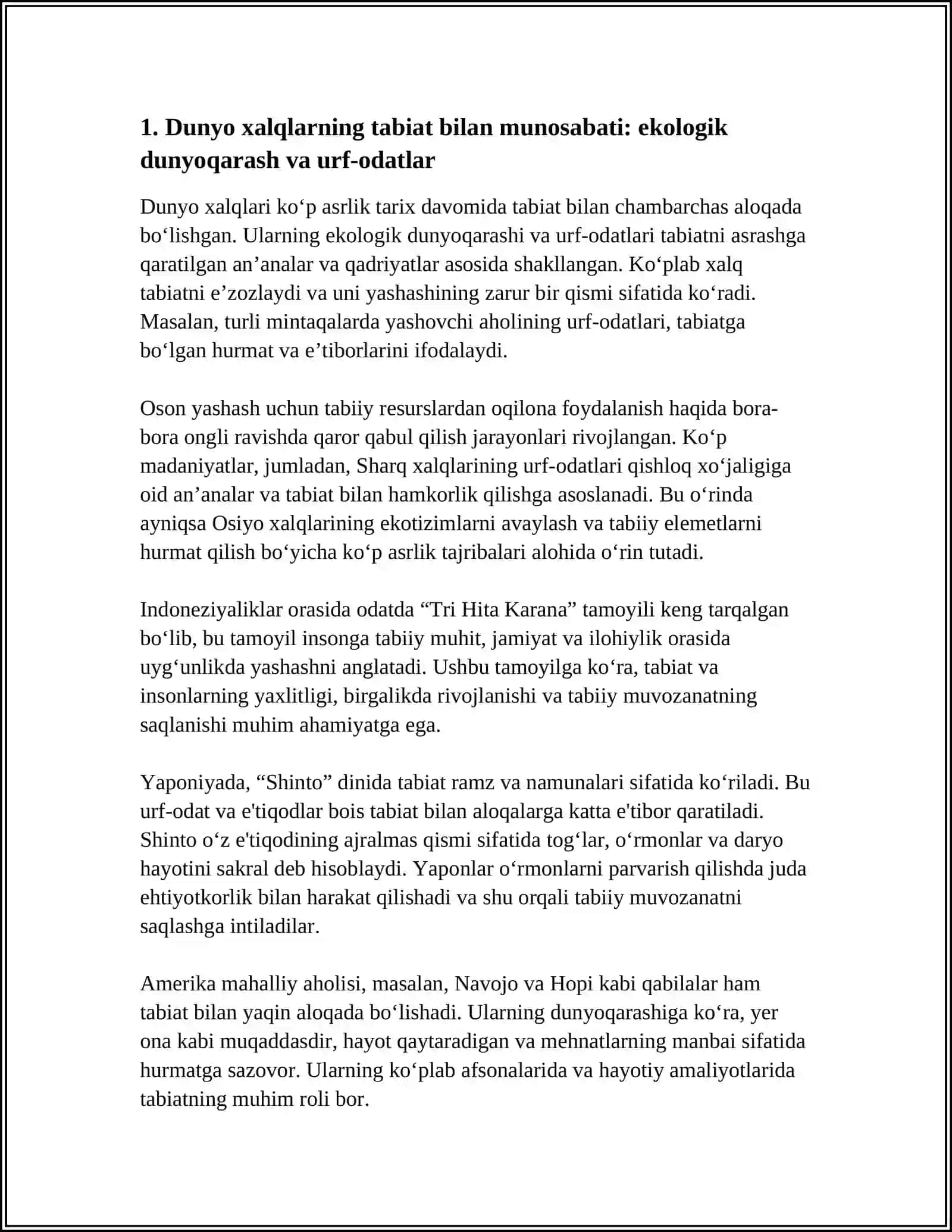 DUNYO XALQLARINING TABIATI VA INSONIY MUNOSABATI. MILLIY MADANIYATI VA MANAVIY QIYOFASI. IJTIMOIY VA ETNIK QADRIYATLAR. XALQ PEDAGOGIKASIDA ASOSIY XUSUSIYATLAR 4