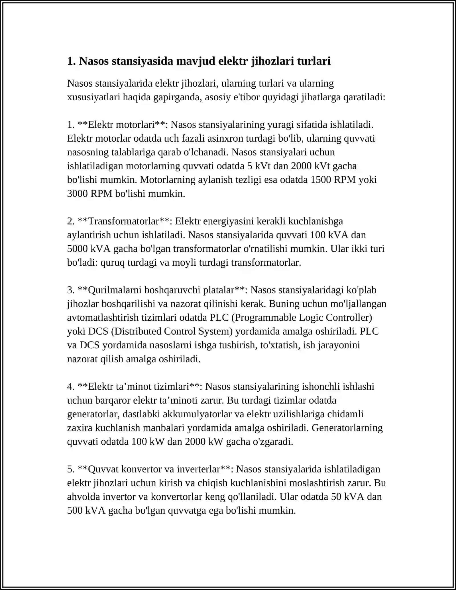 NASOS STANSIYASIDA MAVJUD ELEKTR JIHOZLAR TARKIBI VA MIQDORINI ANIQLASH 4