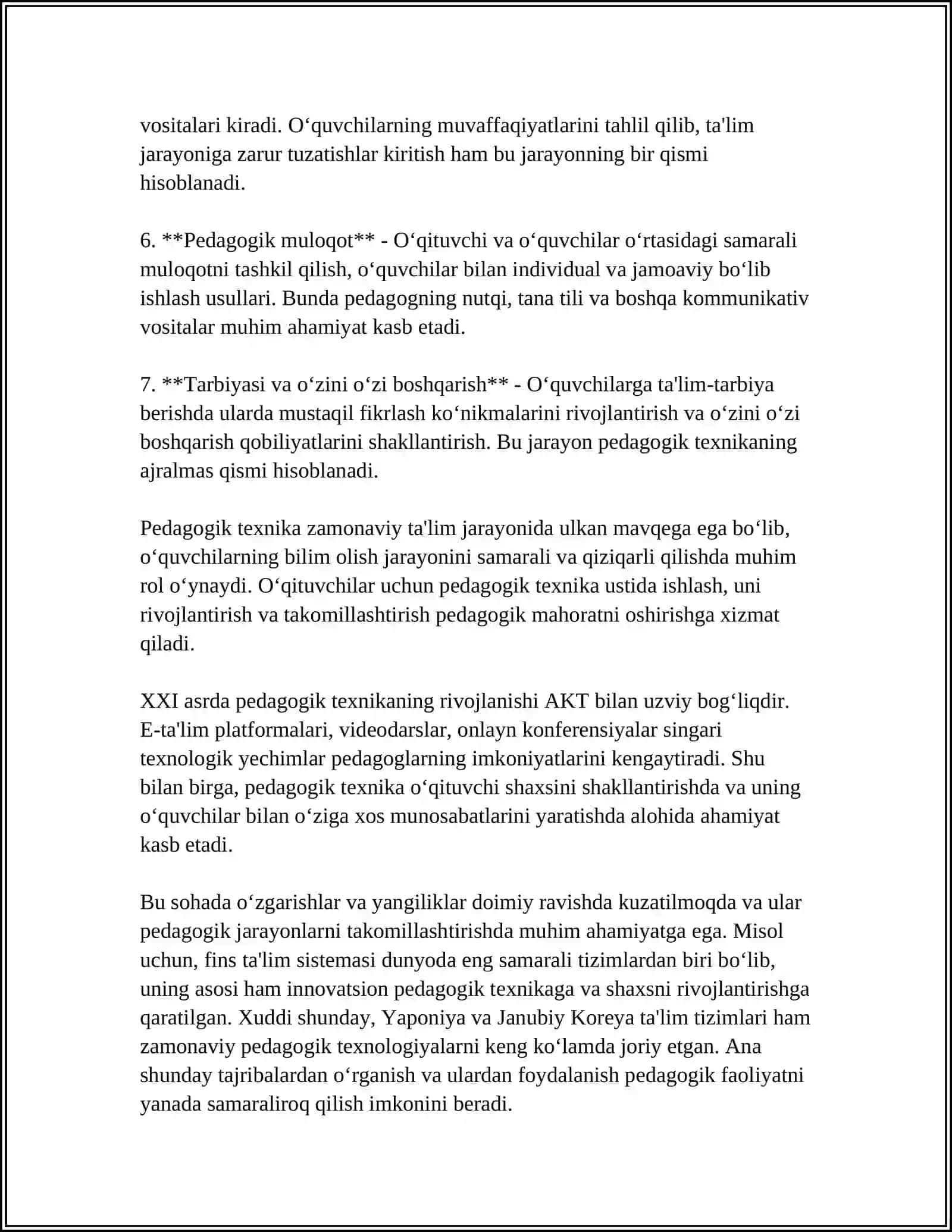 PEDAGOGIK TEXNIKA VA AKTYORLIKKA XOS XUSUSIYATLAR. PEDAGOGIK TEXNIKA VA MURABBIYLIK SHARTLARI 4