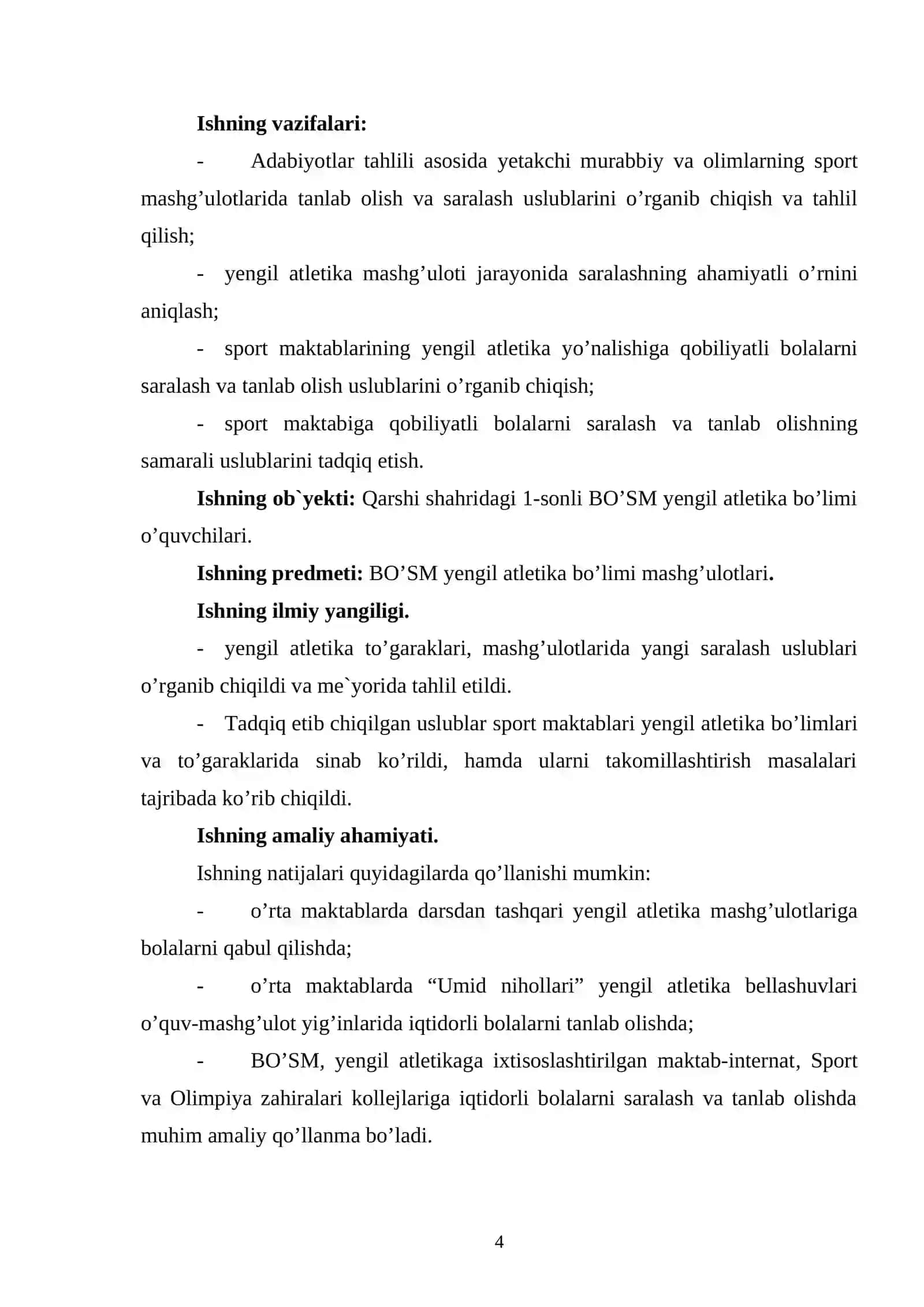 Sprinterlik masofalariga yugurishga ixtisoslashgan yosh yengil atletikachilarni tanlash mezonlari taxlili 4