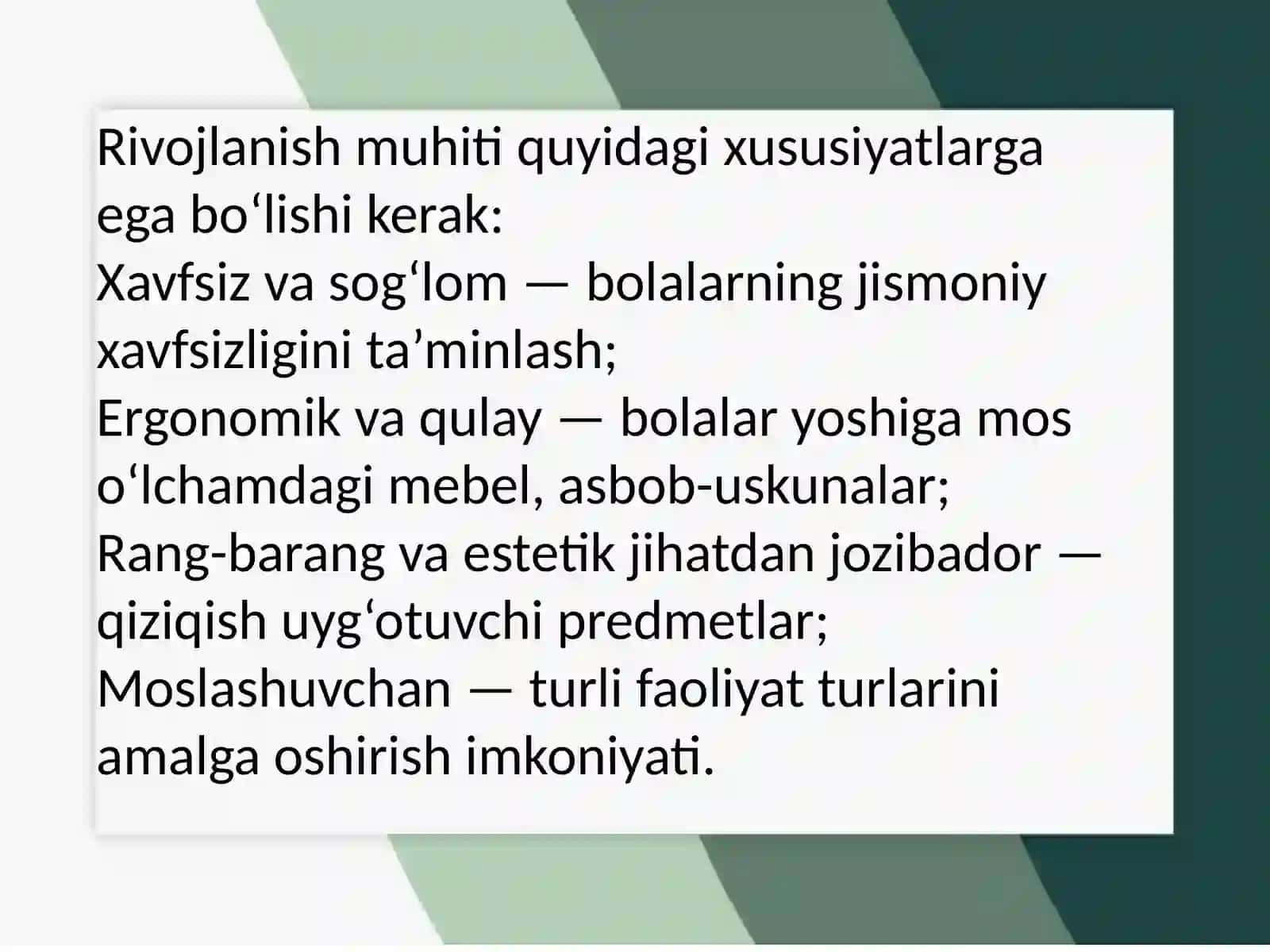 Maktabgacha ta’lim tashkilotlarida rivojlanish muhiti va rivojlanish markazlarining predmetli rivojlanish muhitini qurish 4