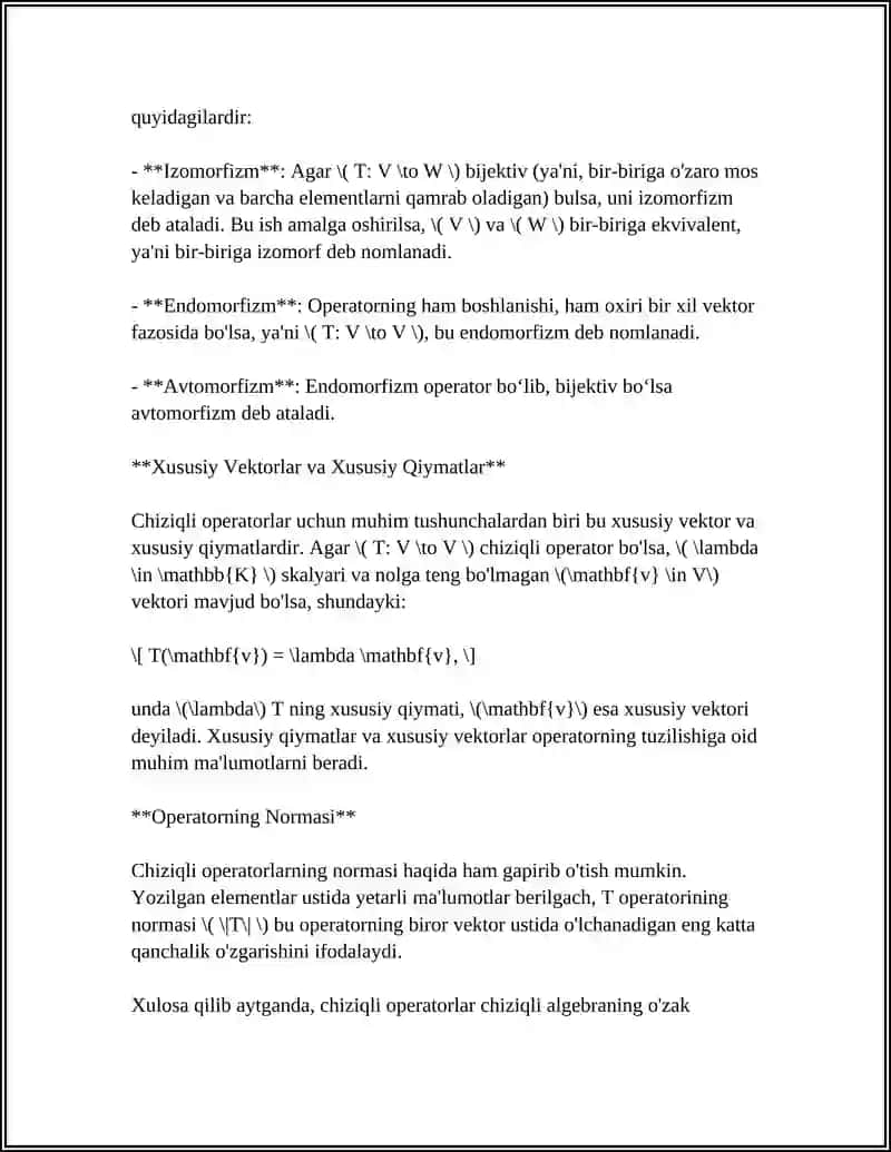 CHIZIQLI OPERATORLAR VA ULARNING XOSSALARI 4