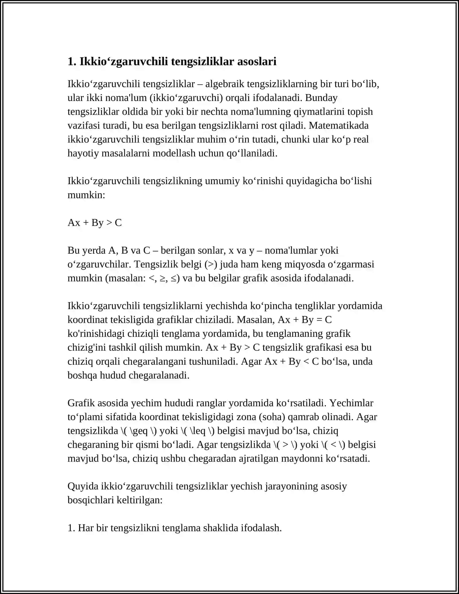 BIR VA IKKI OʻZGARUVCHILI TENGSIZLIKLAR VA ULARNI GRAFIK USULDA YECHISH 4