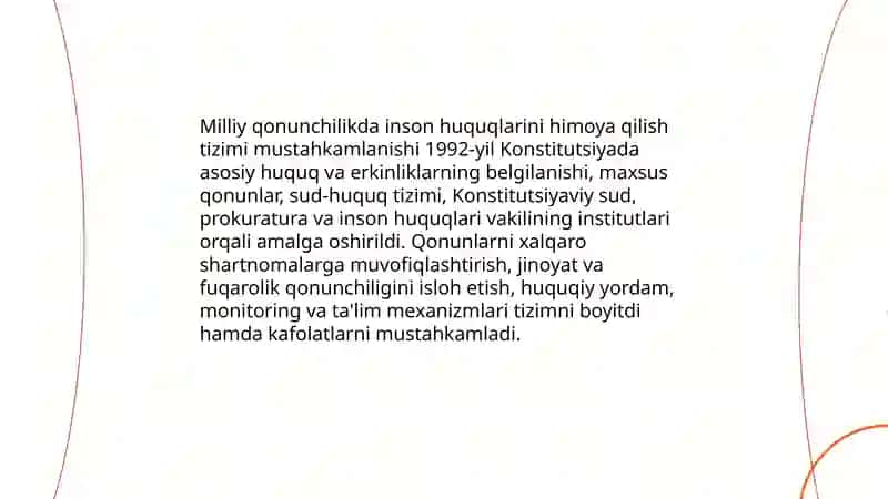 O'zbekistonda inson huquqlari va erkinliklari kafolatlarining yaratilishi Tursunkulova Gulsevar 4