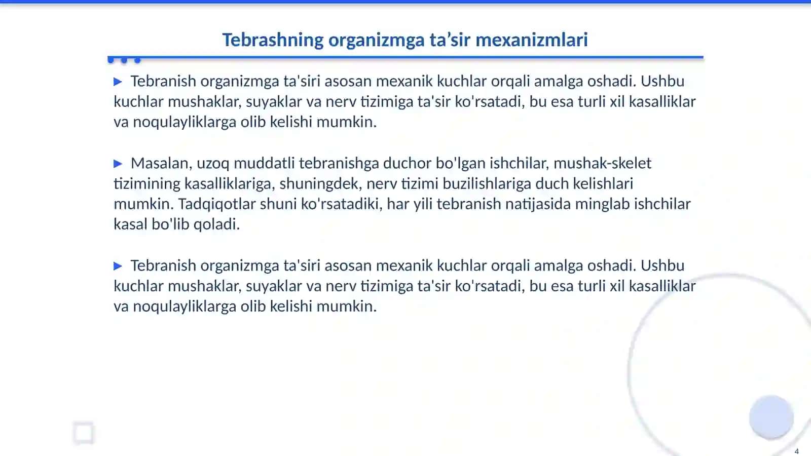 Ishlab chiqarish korxonalarida tebranishni organizmga ta’siri. Uning funksional tekshirish usullari ( vibrotestor,kapilyaroskop) 4