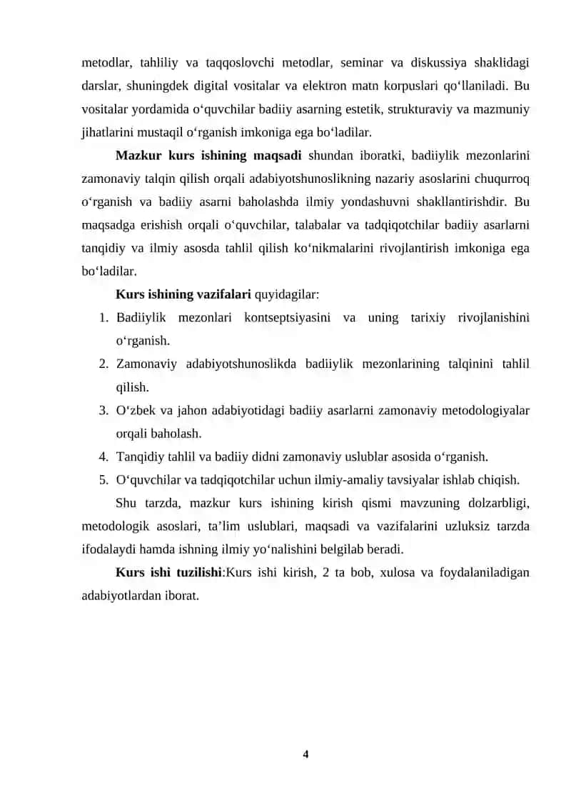 Adabiyot nazariyasi fanidan “Badiiylik mezonlari va ularning zamonaviy talqini” KURS ISHI 4