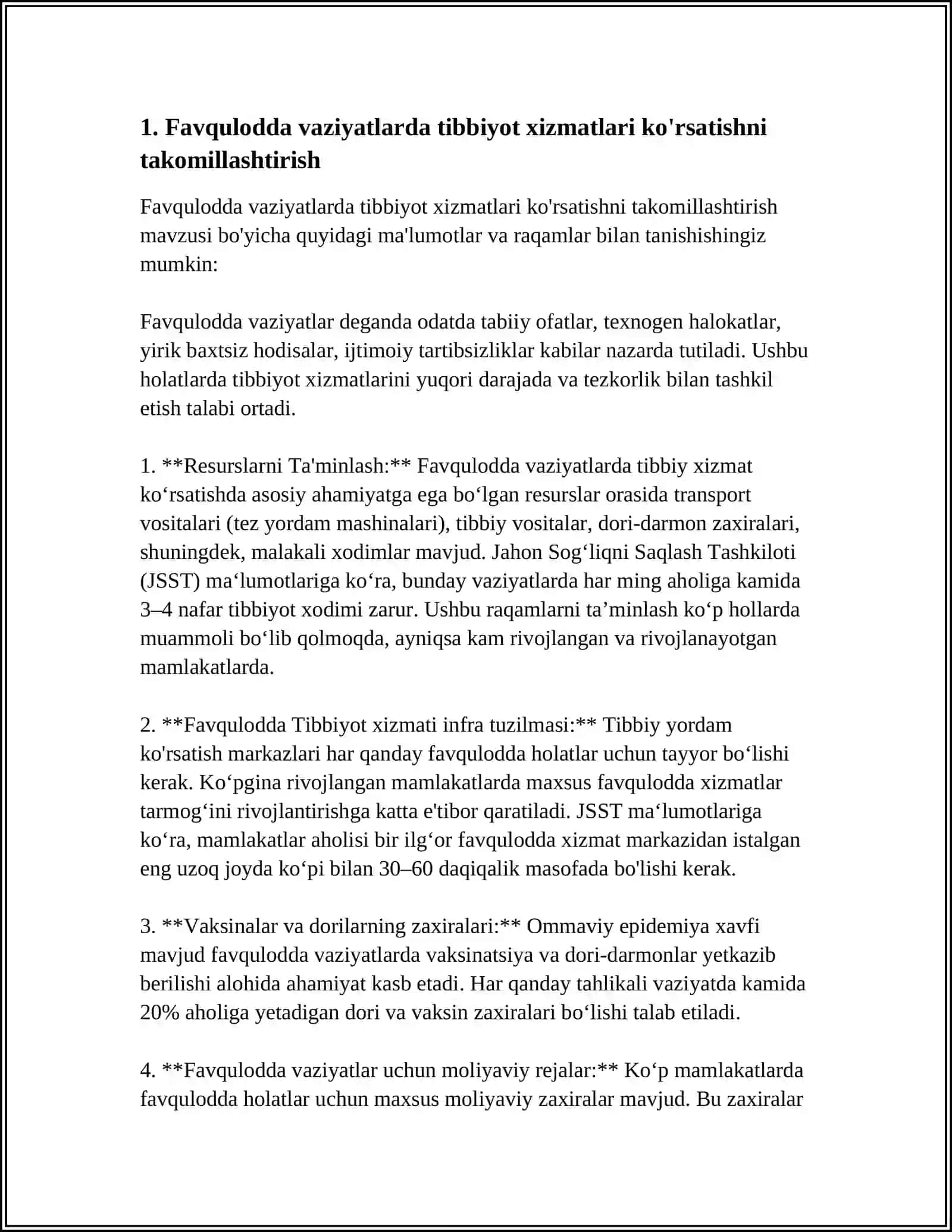 YOʻL-TRANSPORT HODISASIDAN INSONLAR HAYOTINI SAQLAB QOLISH JABRLANGLARGA TIBBIY YORDAM KOʻRSATISH SOXASIDA DAVLAT SIYOSATI 4