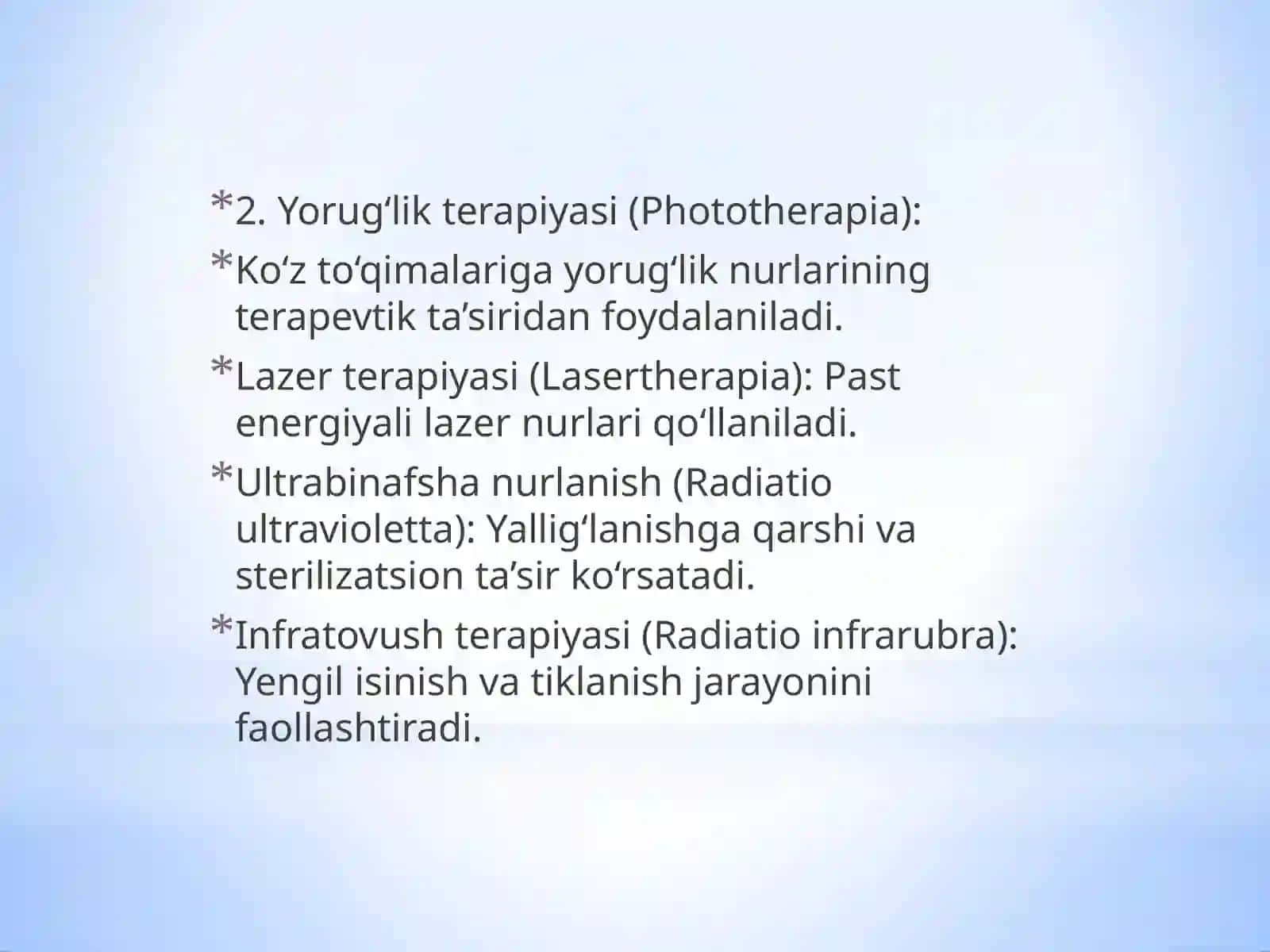 Oftalmologiyada qo‘llaniladigan fizioterapevtik davolash usullari 4