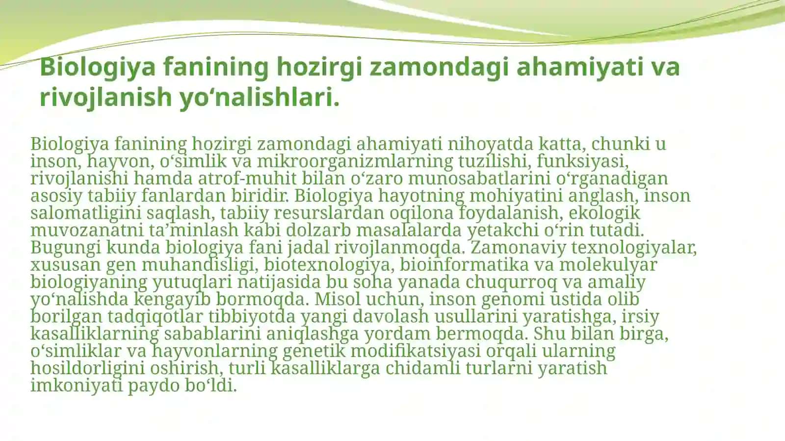 Biologiya Fakulteti- Biologiya Yo’nalishi 4-kurs Talabasi Malohat Ablazizova 4
