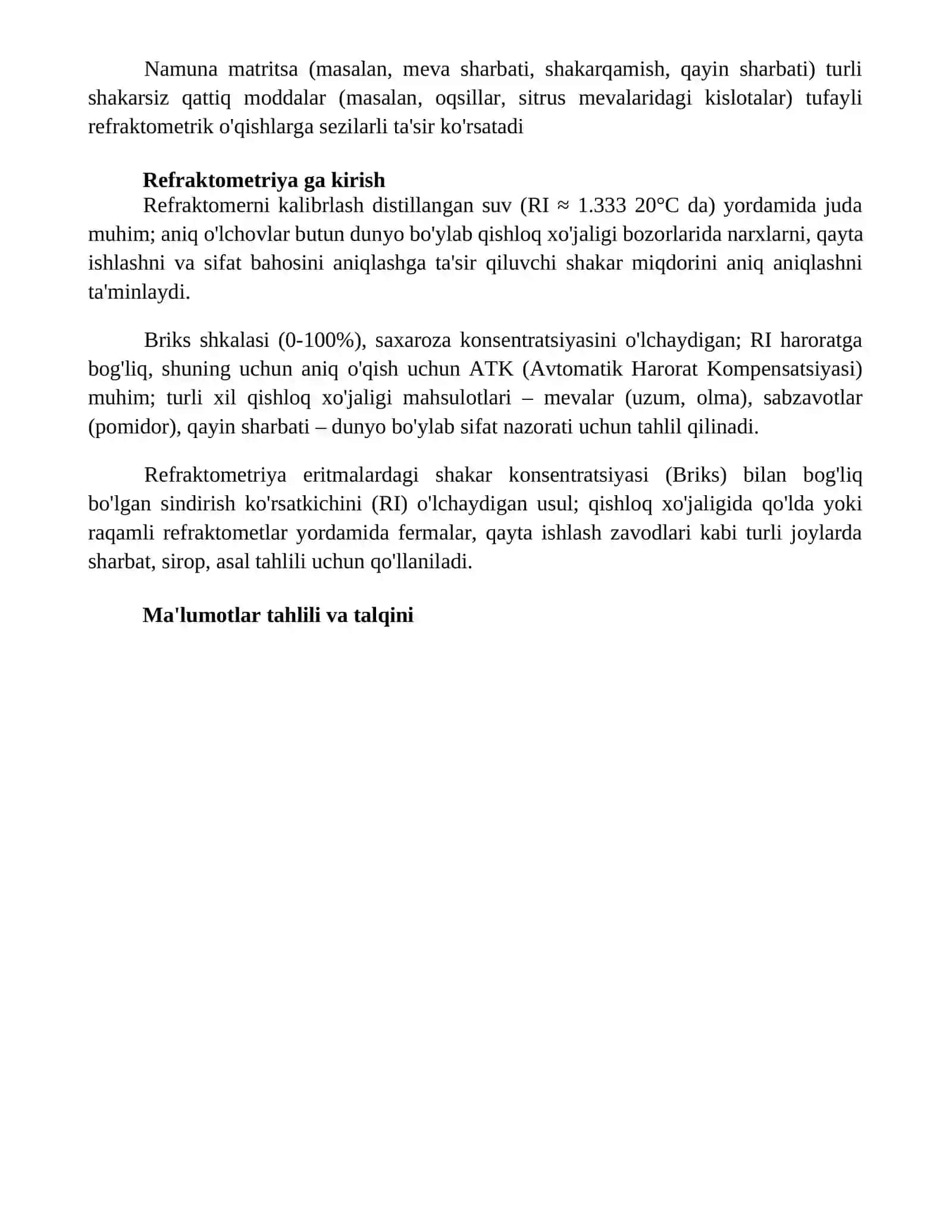 Qishloq xôjalik mahsulotlari tarkibidagi qand miqdorini refraktometir yordamida aniqlash 4