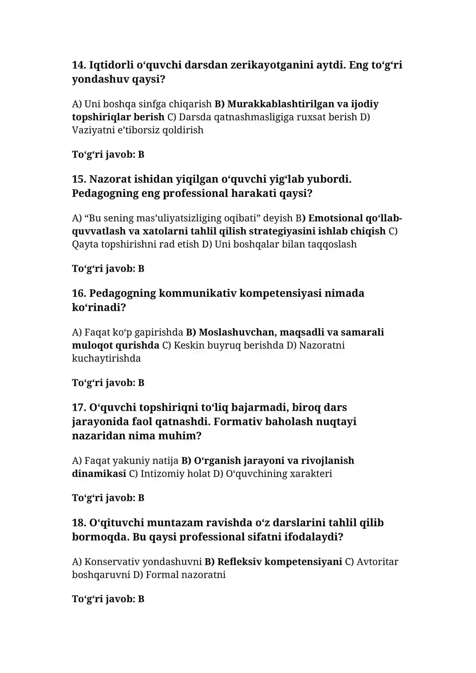 O‘qituvchilarning Toifa attestatsiyasi uchun PEDAGOGIKA VA PSIXOLOGIYA ASOSIDA tuzilgan testlar 4